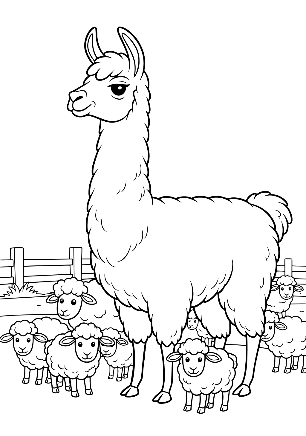 Llama stands in a fenced field with fluffy sheep gathered around, all facing forward with happy expressions.