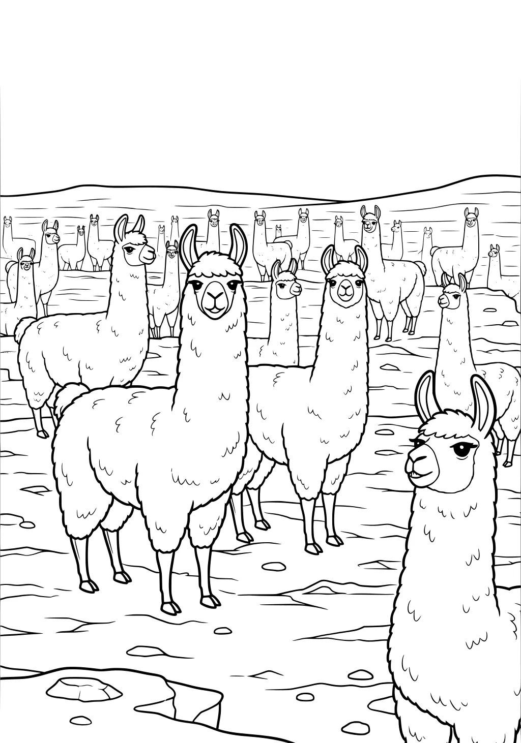 Several llamas with thick wool standing close together on a rocky landscape with many more llamas and hills in the distance.