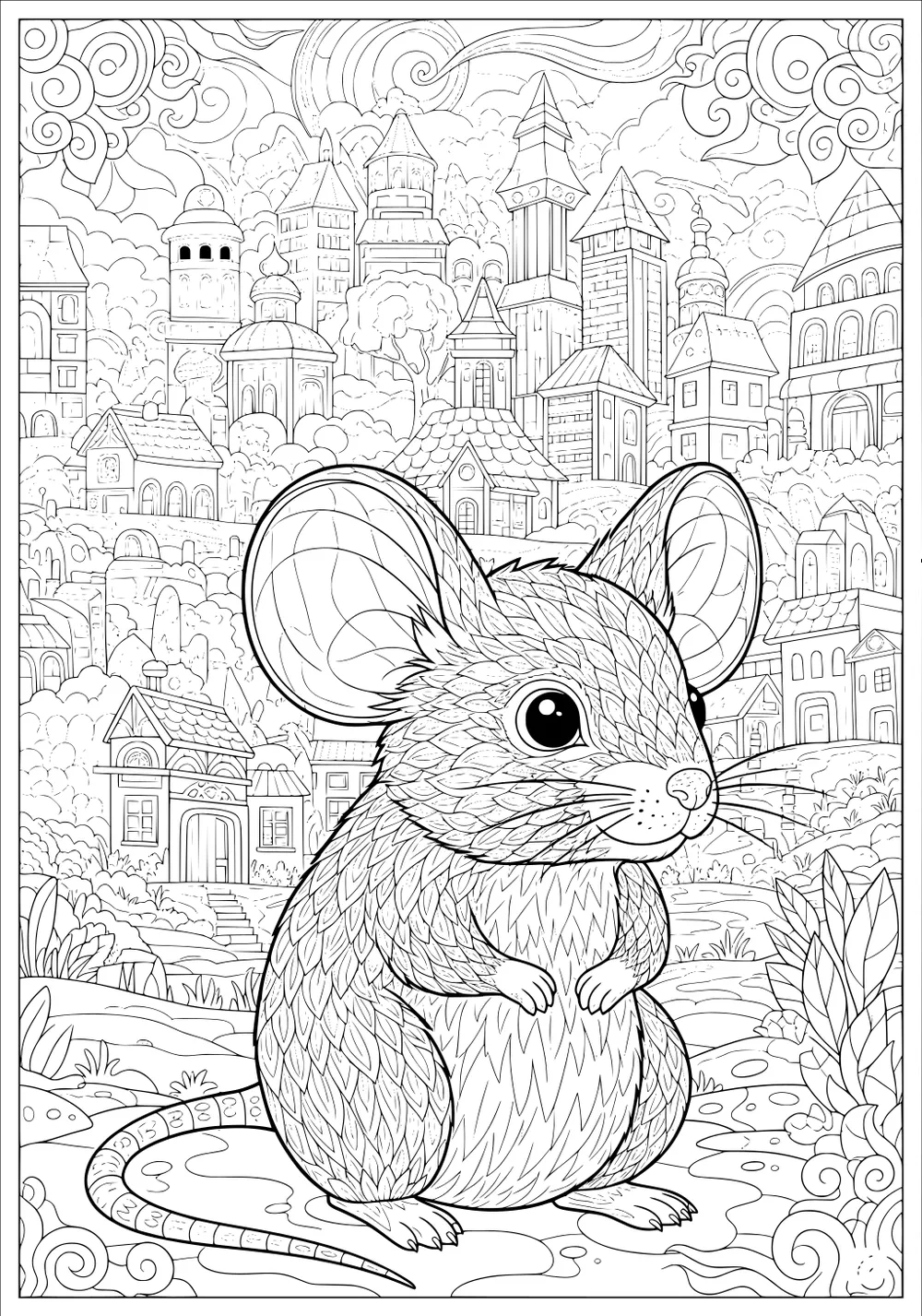 A mouse with big ears sits in front of a city full of houses, tall buildings, and swirling clouds.