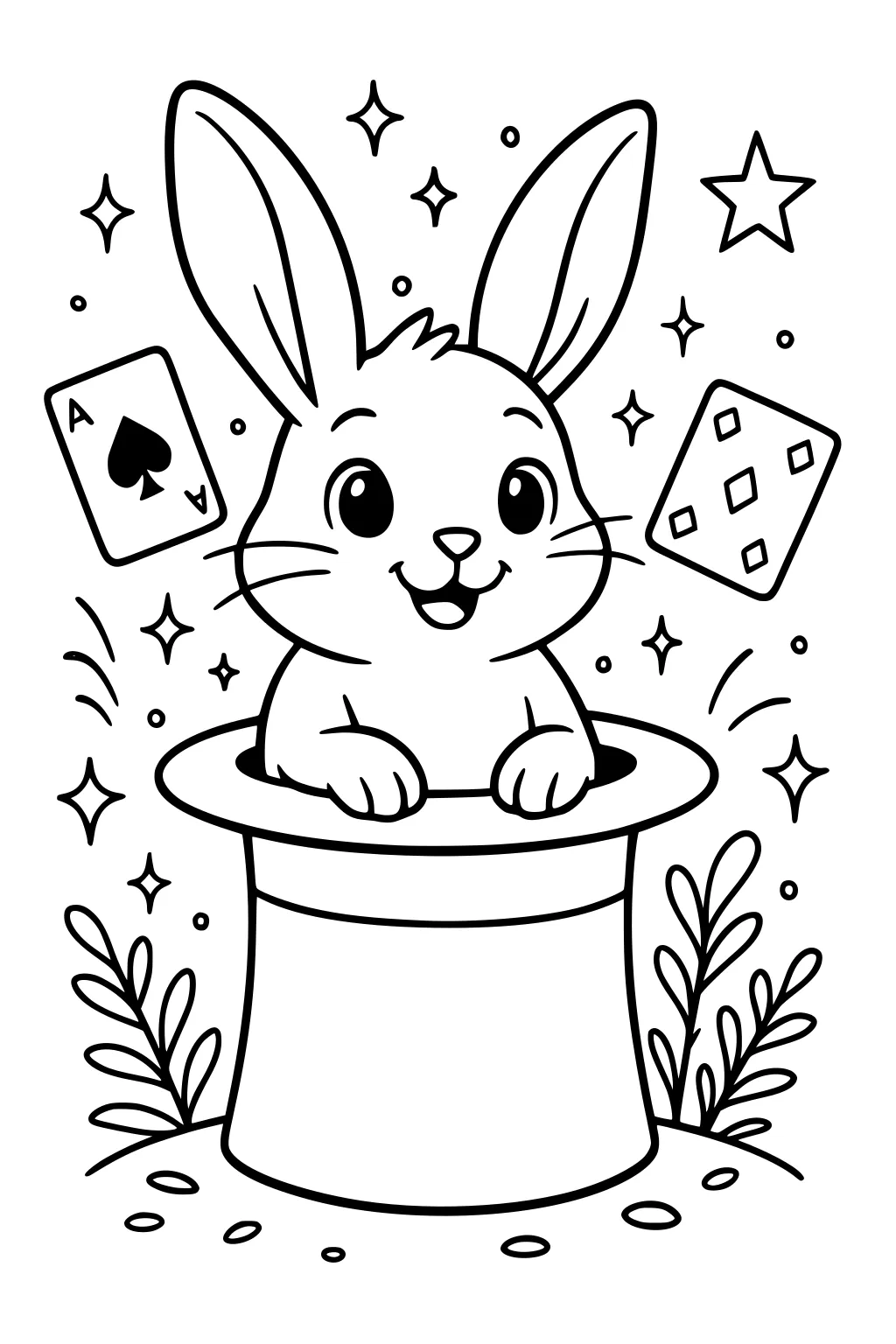 Rabbit with a happy face coming out of a magician's hat, two playing cards, stars, sparkles, and plants.