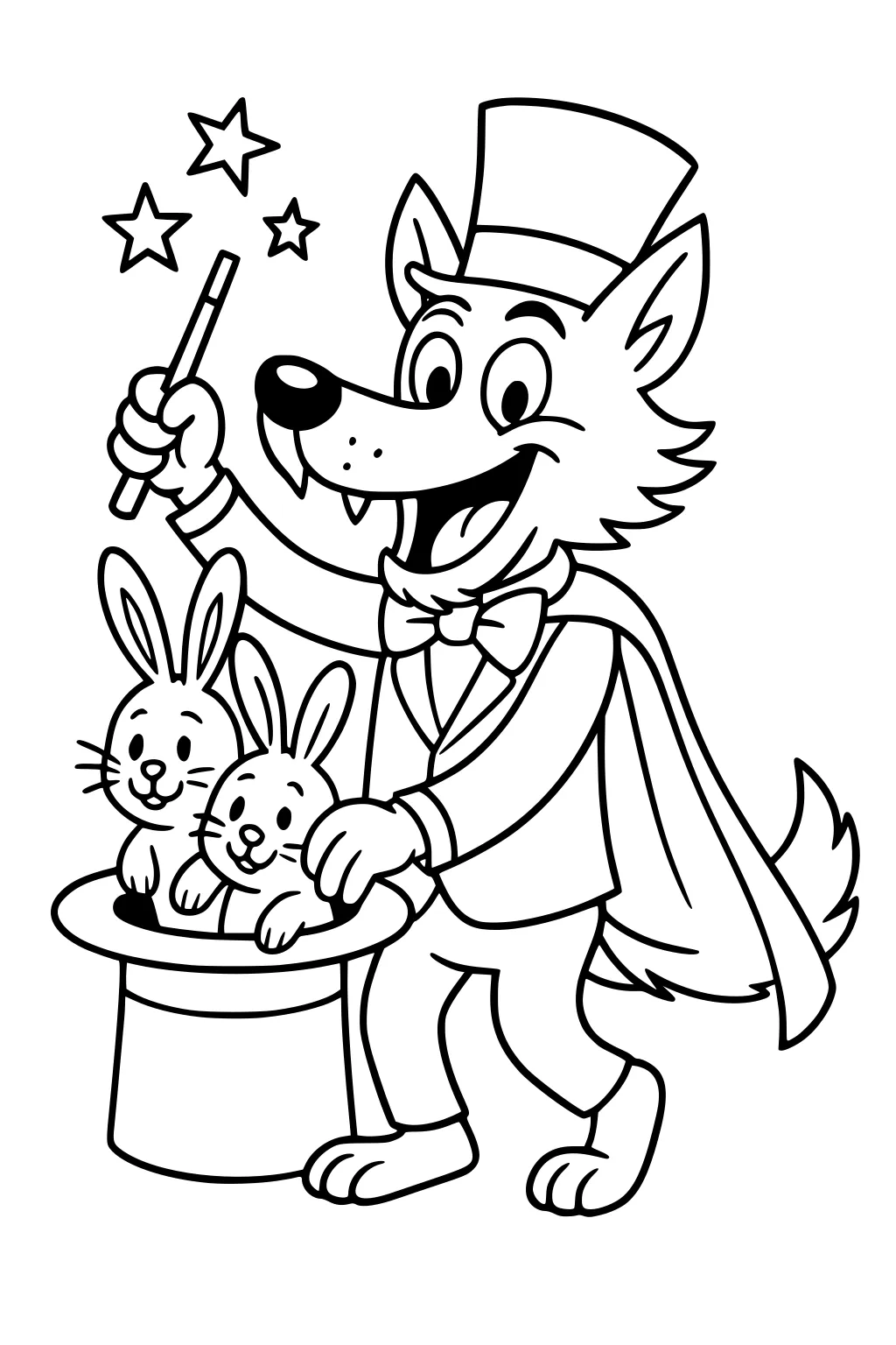 Cartoon wolf magician in tuxedo and cape waves a wand as two rabbits pop from a top hat, with stars above.