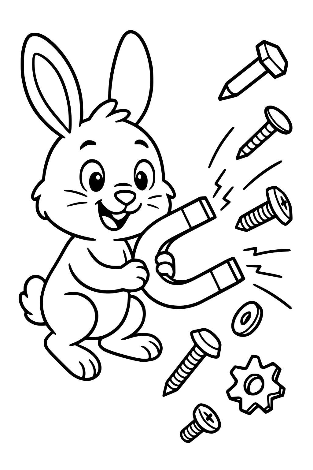 Rabbit holding a magnet with flying bolts, screws, a gear, and washers being pulled toward her.