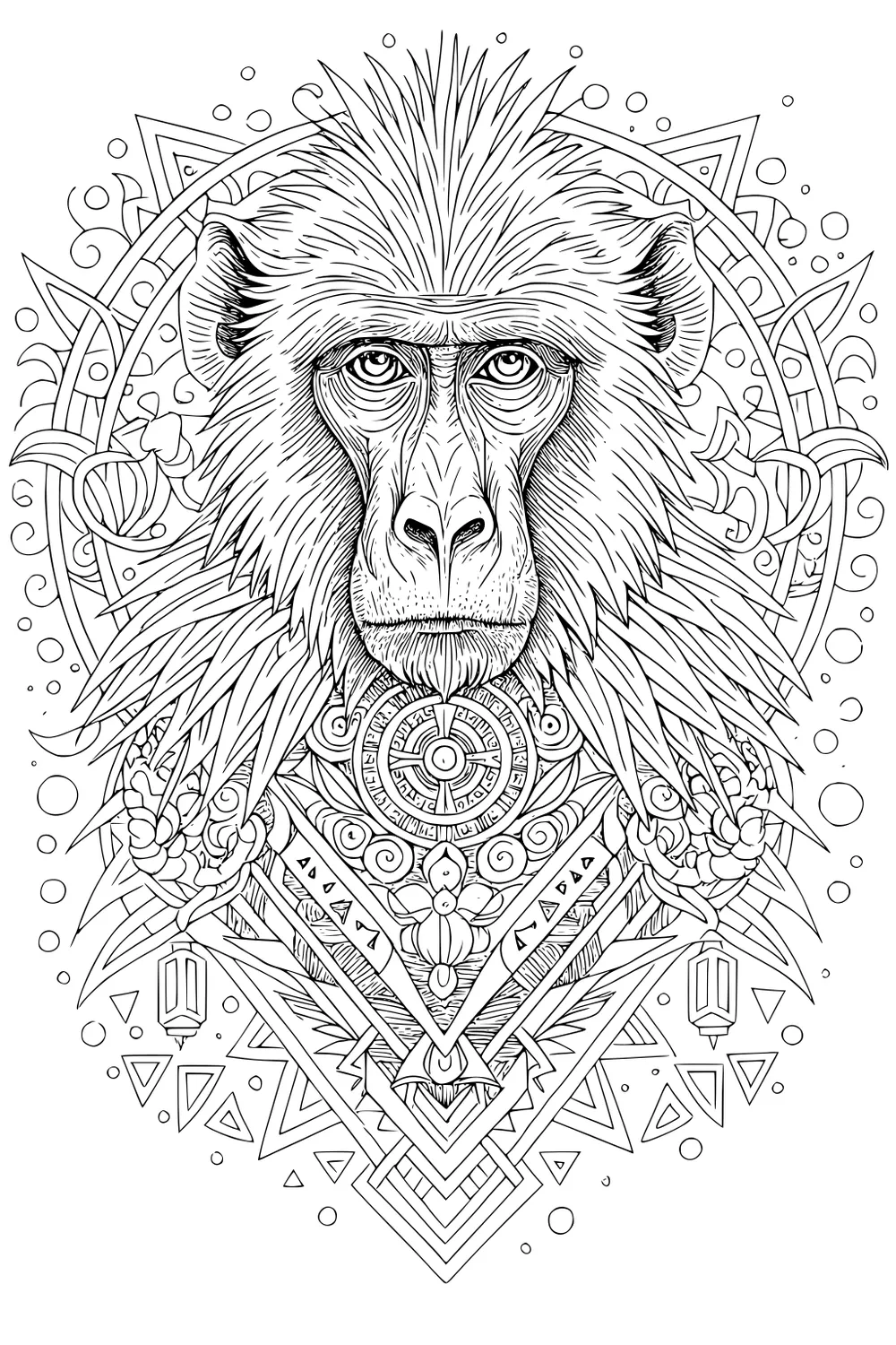 Baboon face with fluffy hair surrounded by detailed swirls, flowers, and abstract geometric shapes.