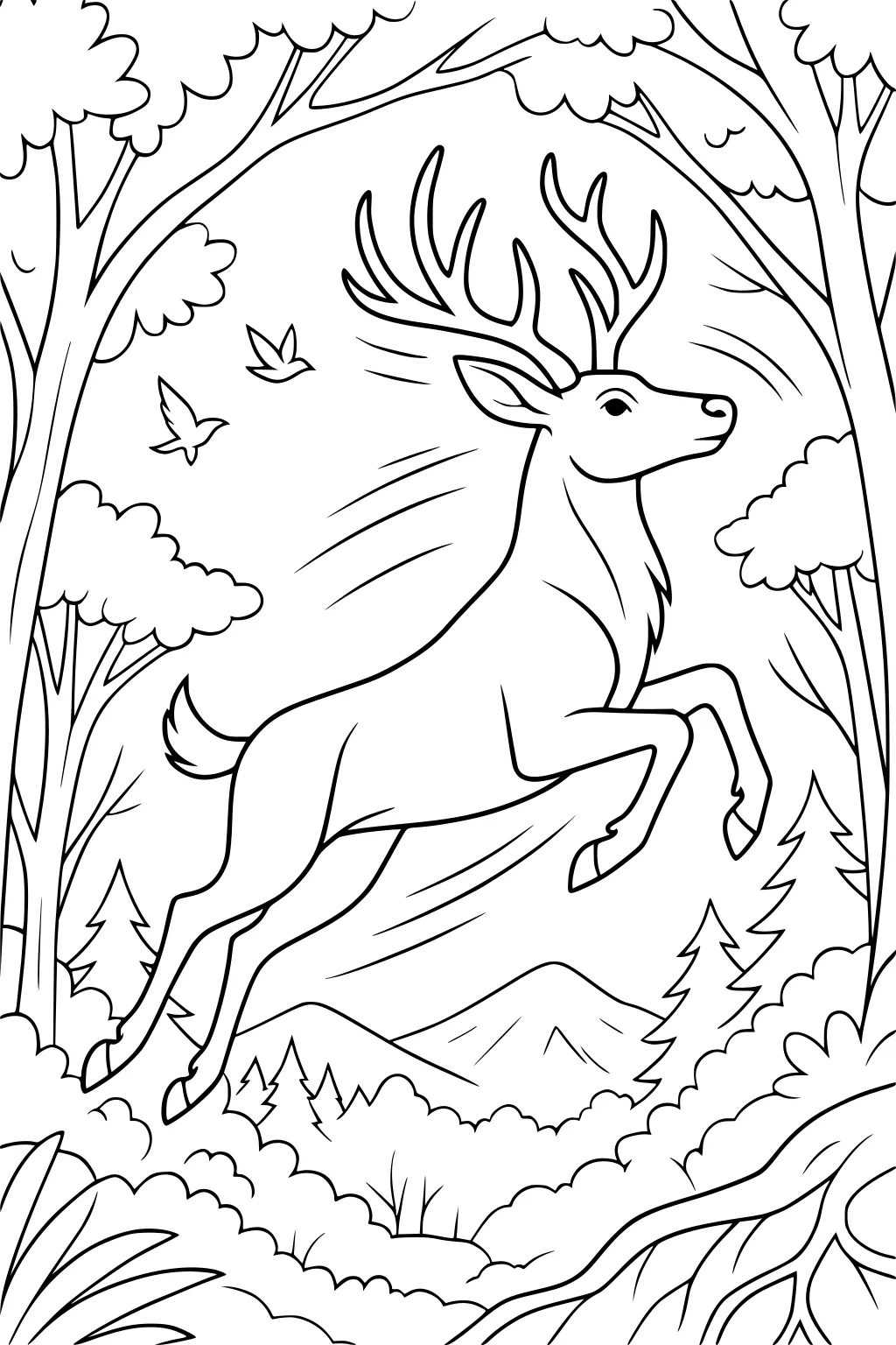 Stag with large antlers standing on grass while autumn leaves swirl around in the wind.
