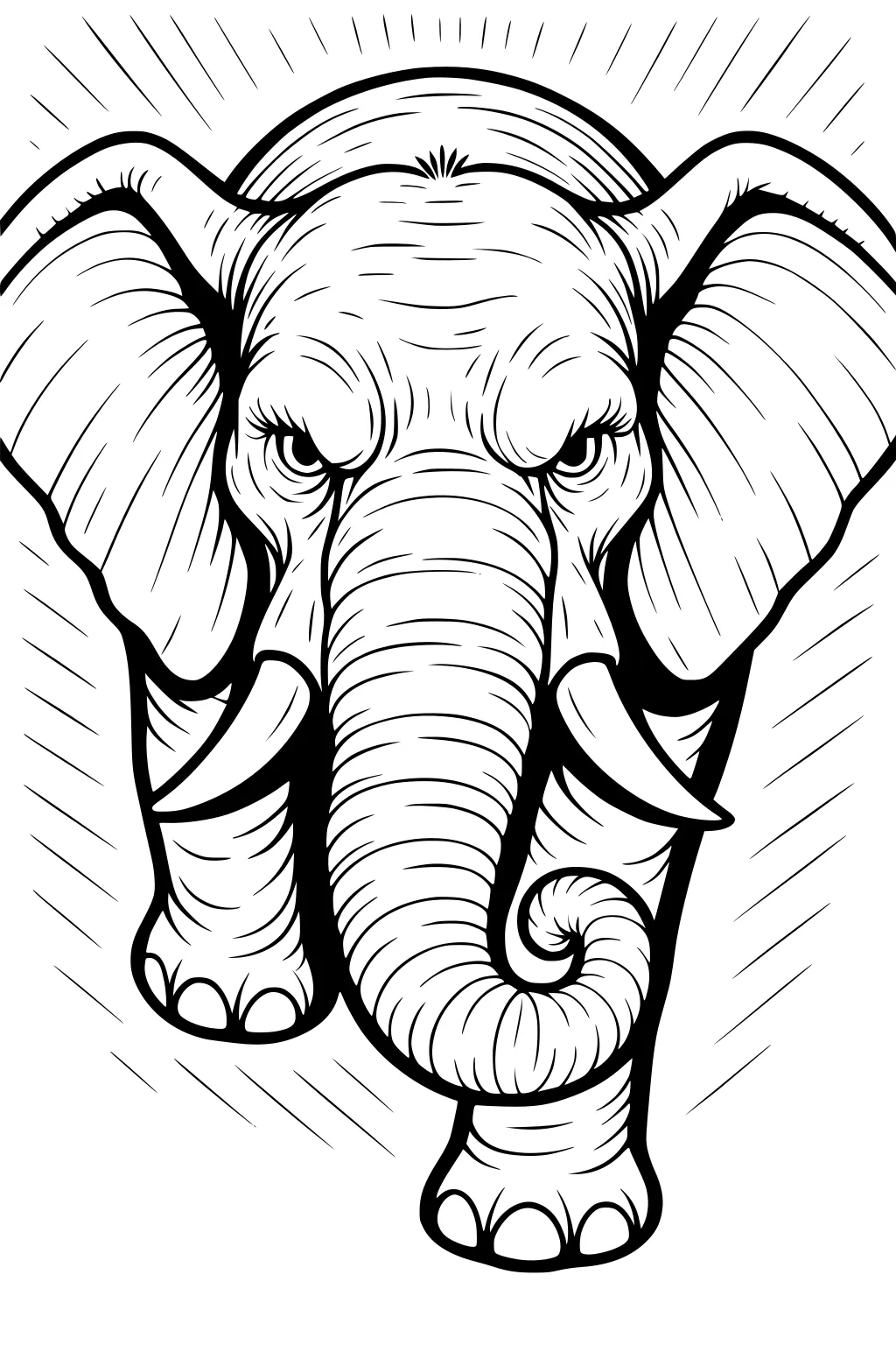 Elephant walks forward with big ears, wrinkled trunk, long tusks, and detailed lines showing folds and toes.