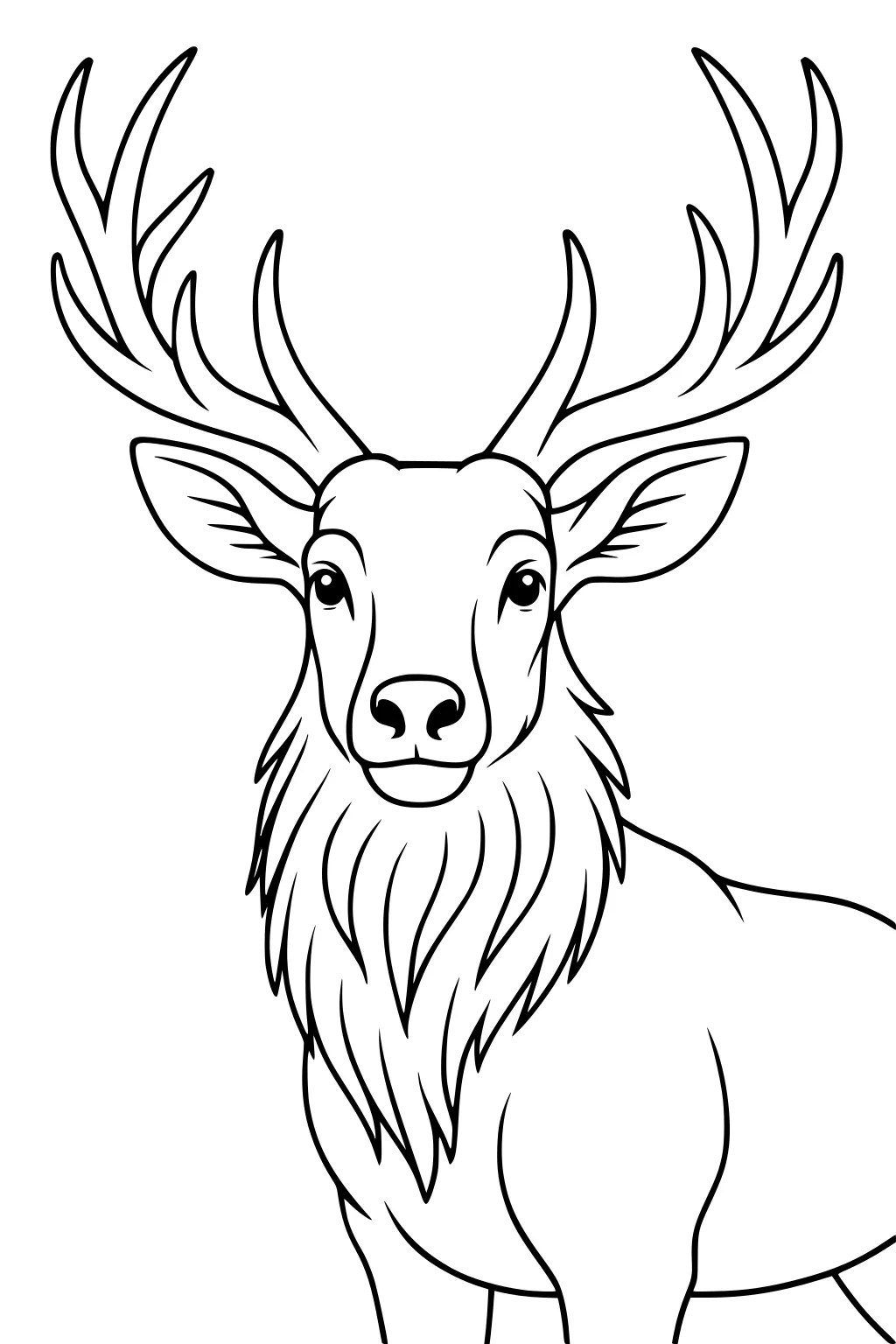 Front-facing elk with big branching antlers, furry mane, upright ears, and gentle eyes, outlined for coloring.