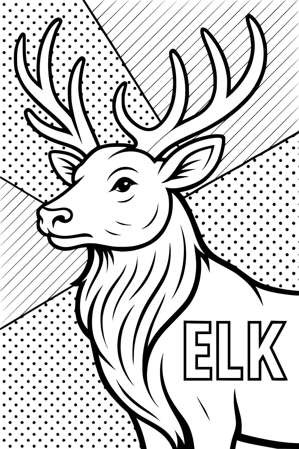 Elk with big antlers, fluffy neck, and the word 'ELK' in front of a dotted and striped patterned background.