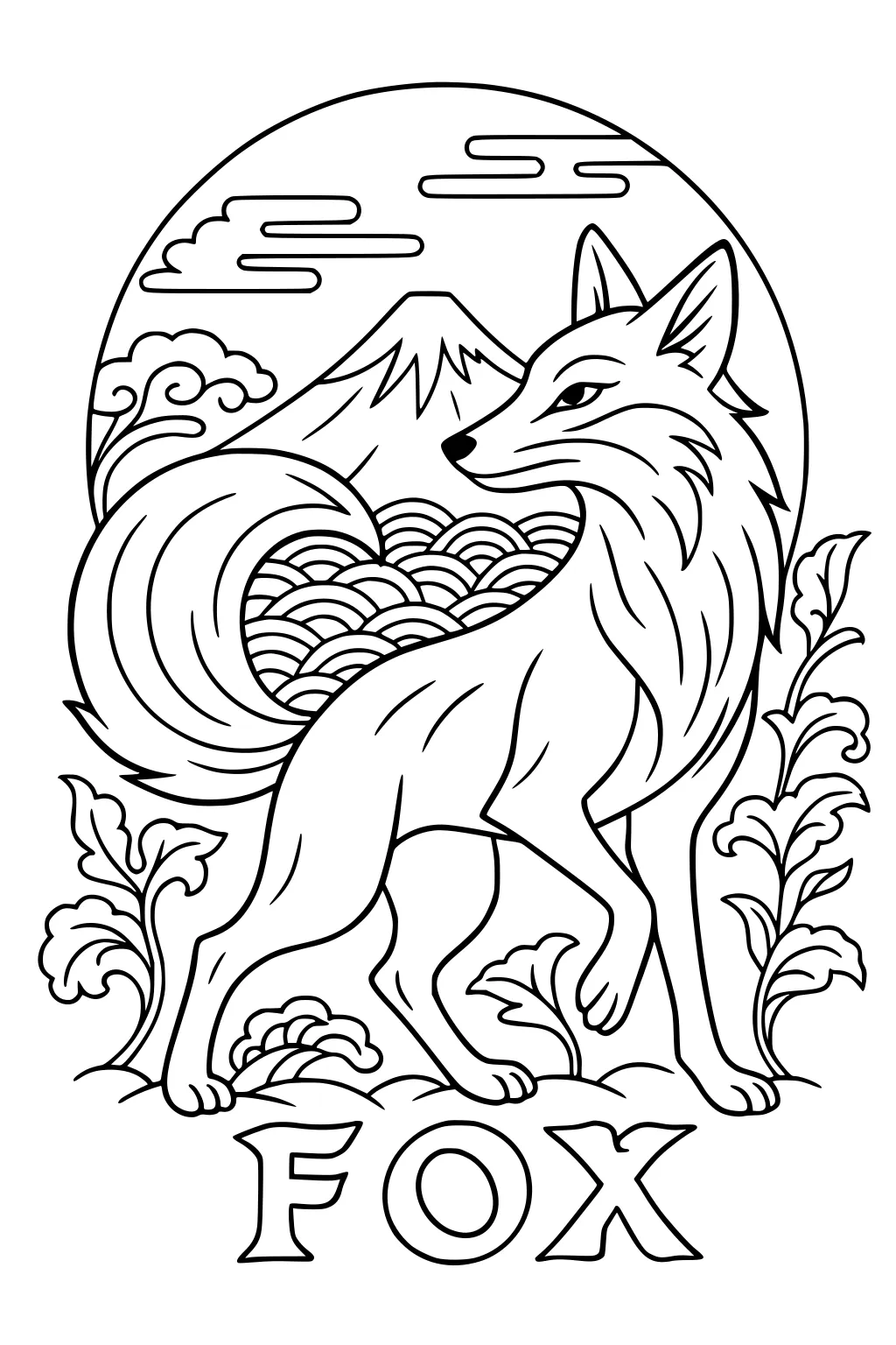 Fox with bushy tail stands in front of a mountain, surrounded by leafy plants, wavy patterns, and clouds. Large 'FOX' text below.