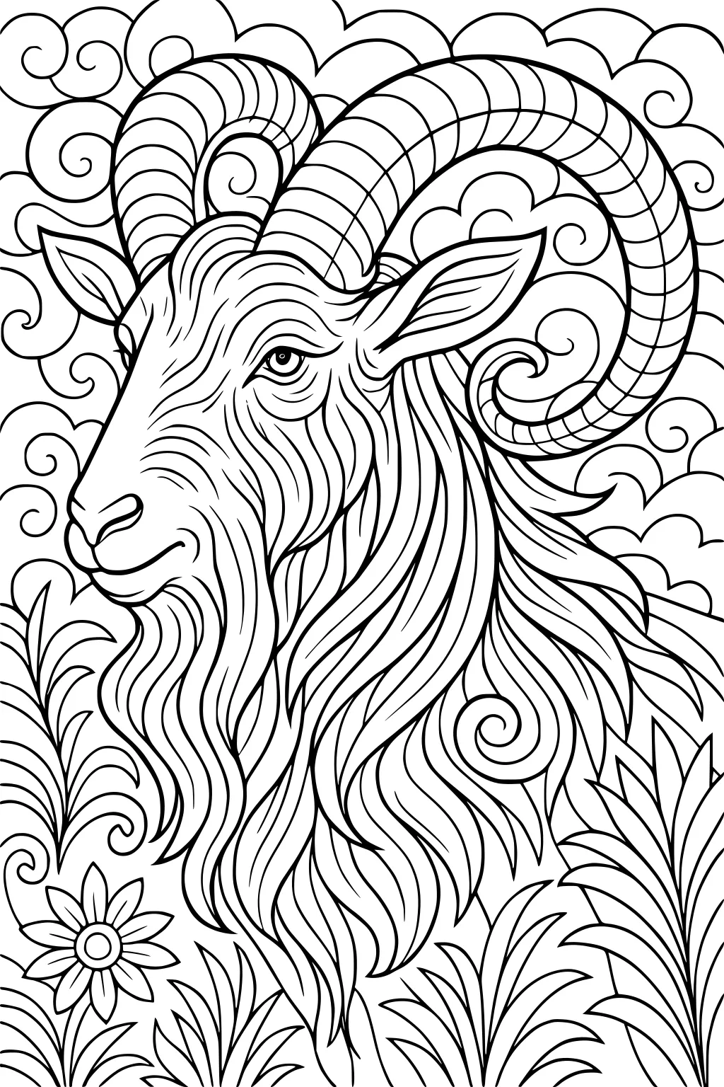 Line drawing of a bearded goat with curved horns, plants, swirly clouds, and a single daisy flower.