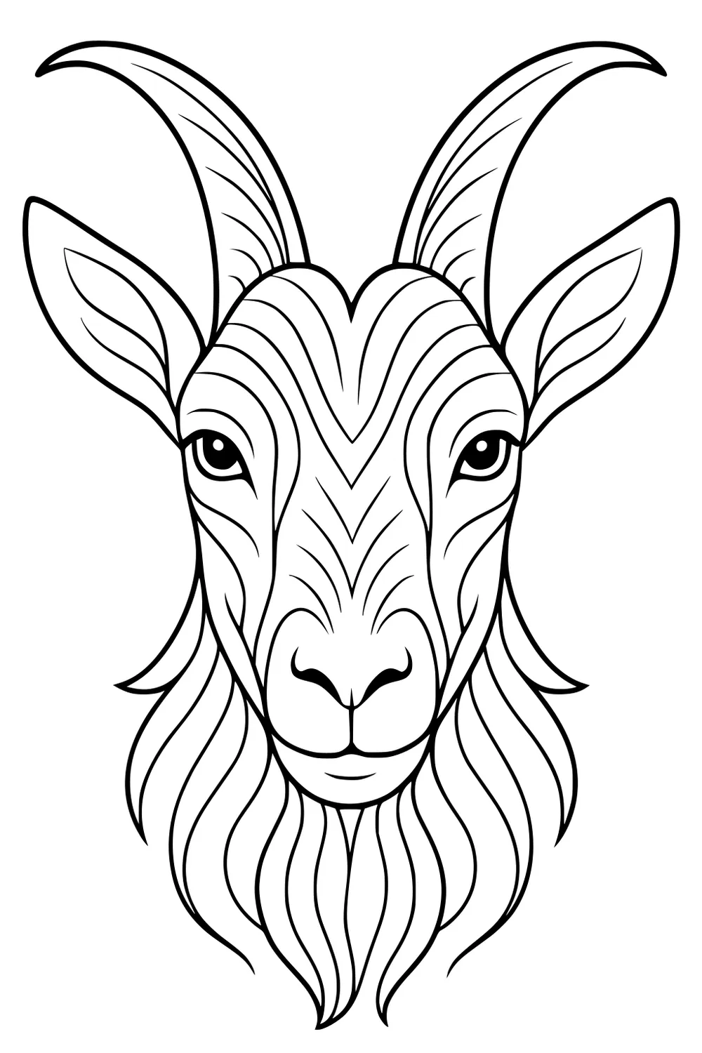 Front view of a goat's head with large curved horns, pointy ears, and wavy fur details in black outline.