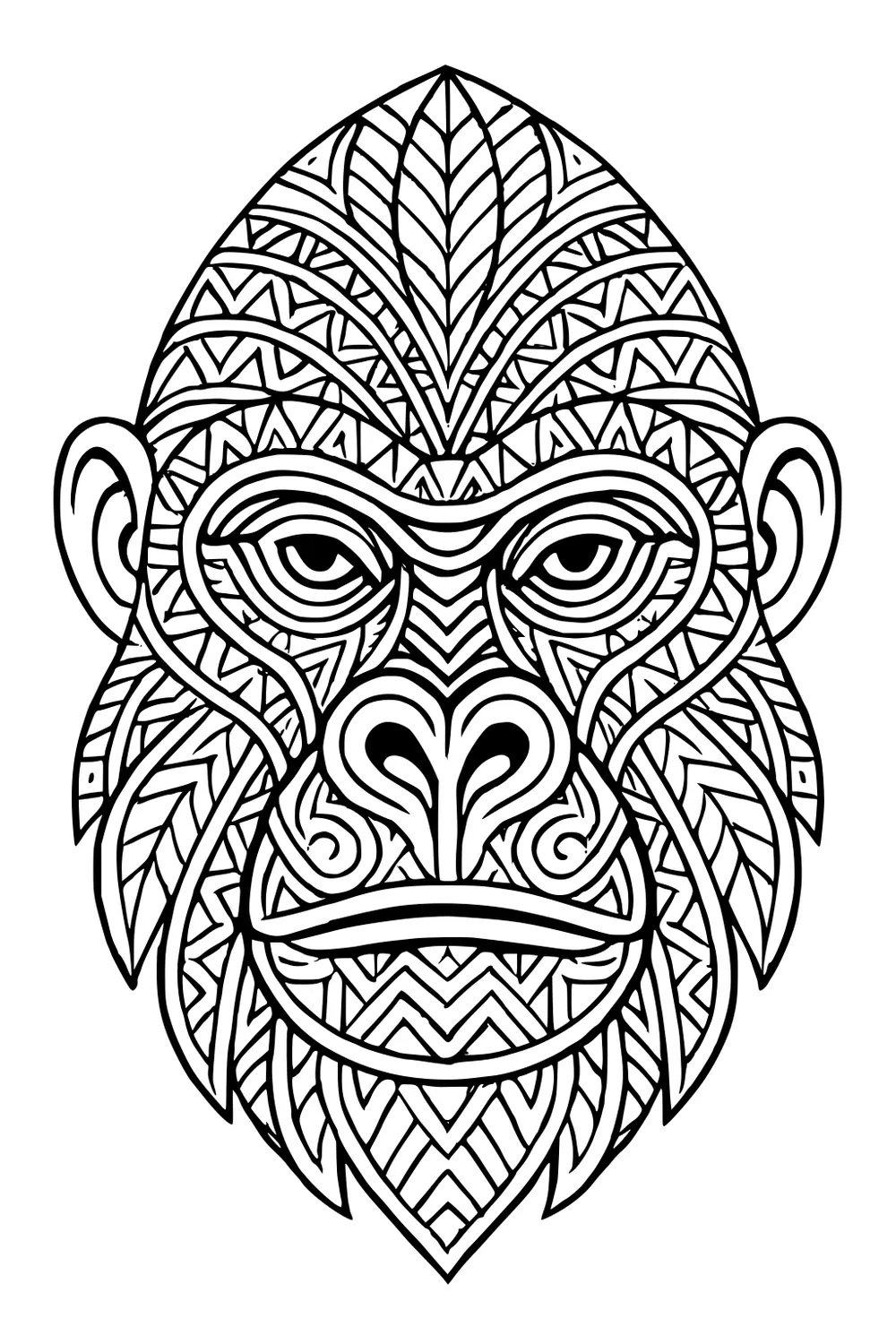 Gorilla face with tribal and geometric line patterns filling the whole page.