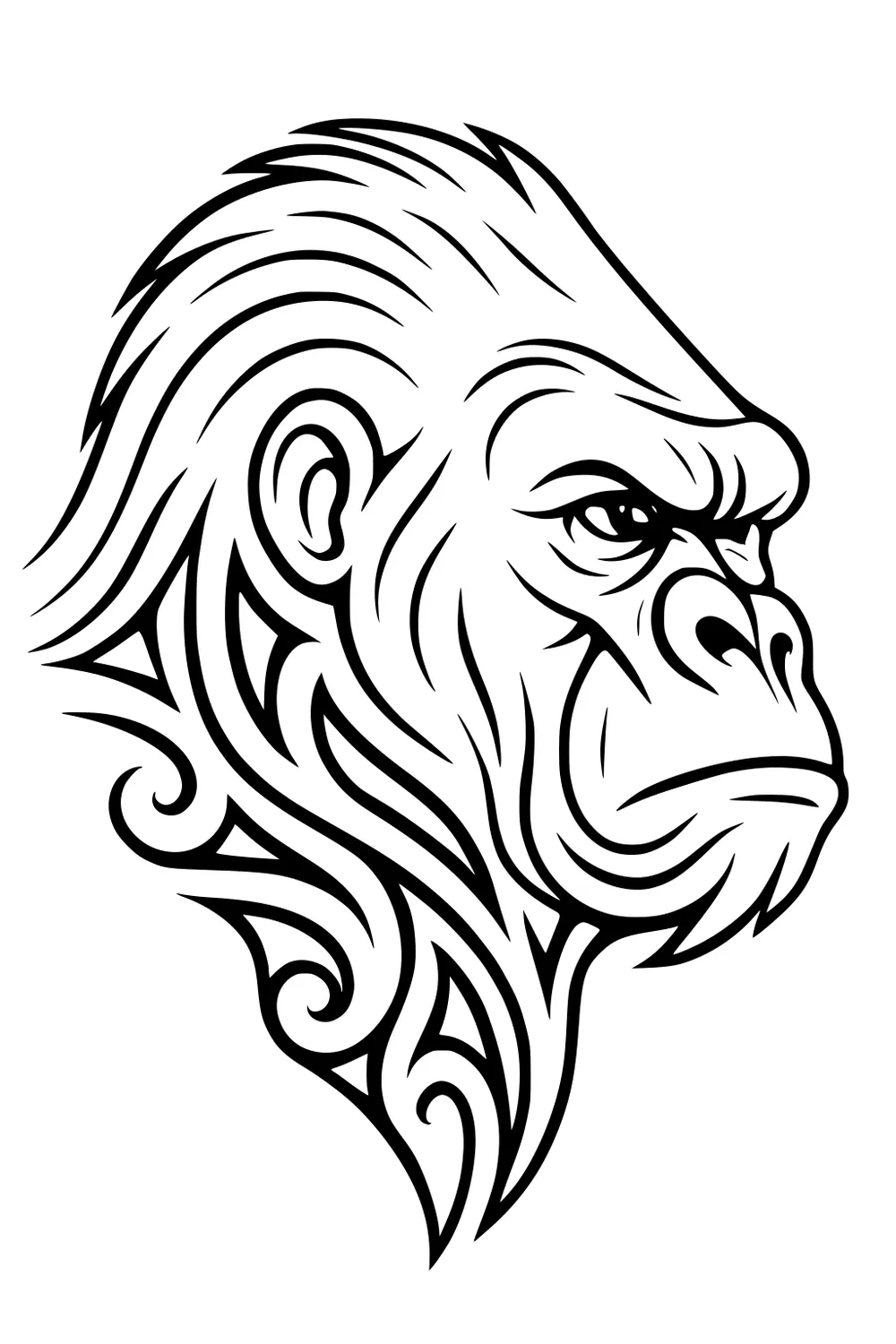 Stylized gorilla head in profile with tribal swirl patterns and detailed face in black outlines.