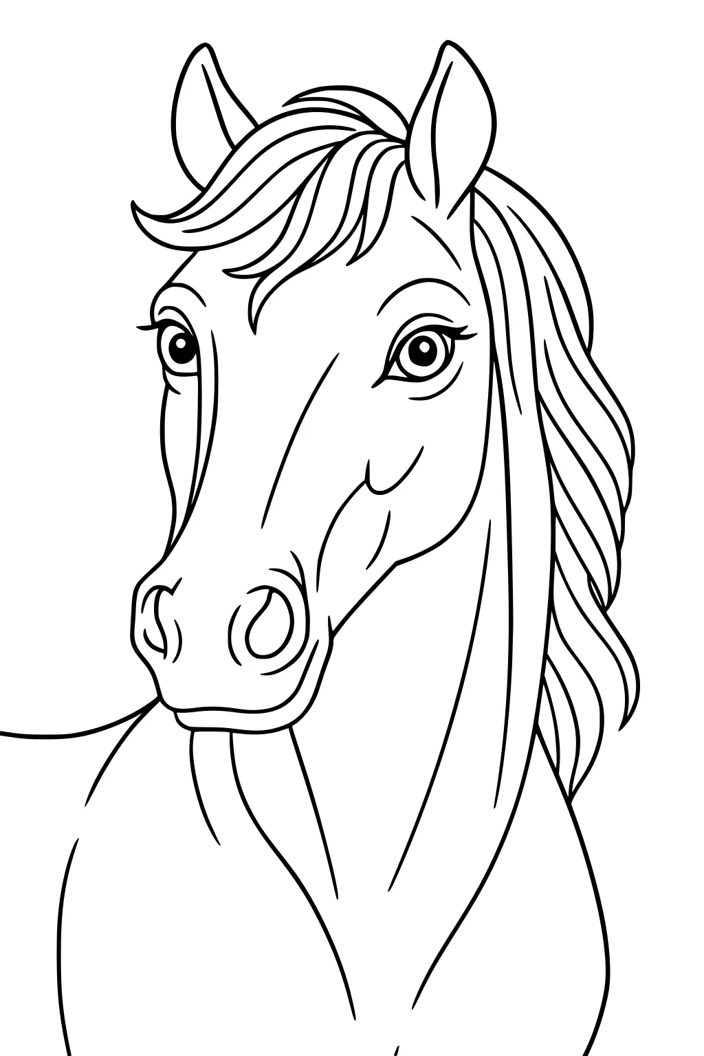 Horse head with flowing mane, upright ears, and large eyes facing forward.