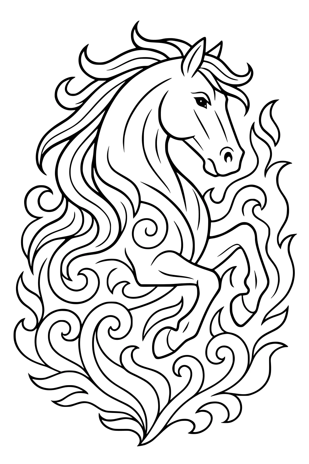 Rearing horse with flowing mane, surrounded by swirling lines and decorative curves.