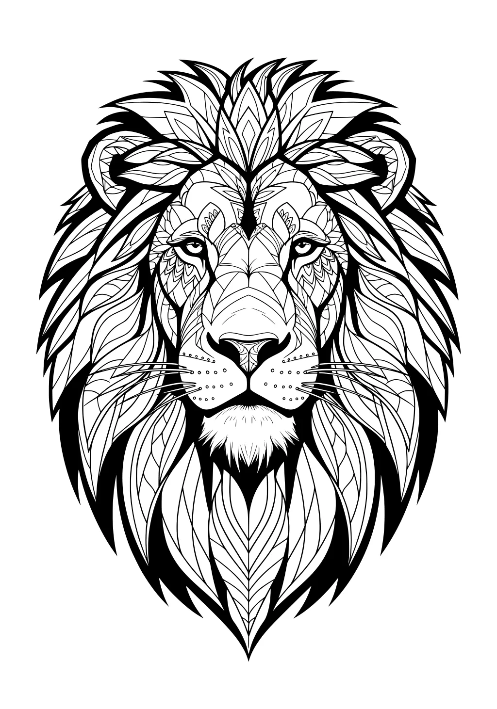 Lion head with large, patterned mane and detailed face, straight-on view, filled with geometric and leafy designs.