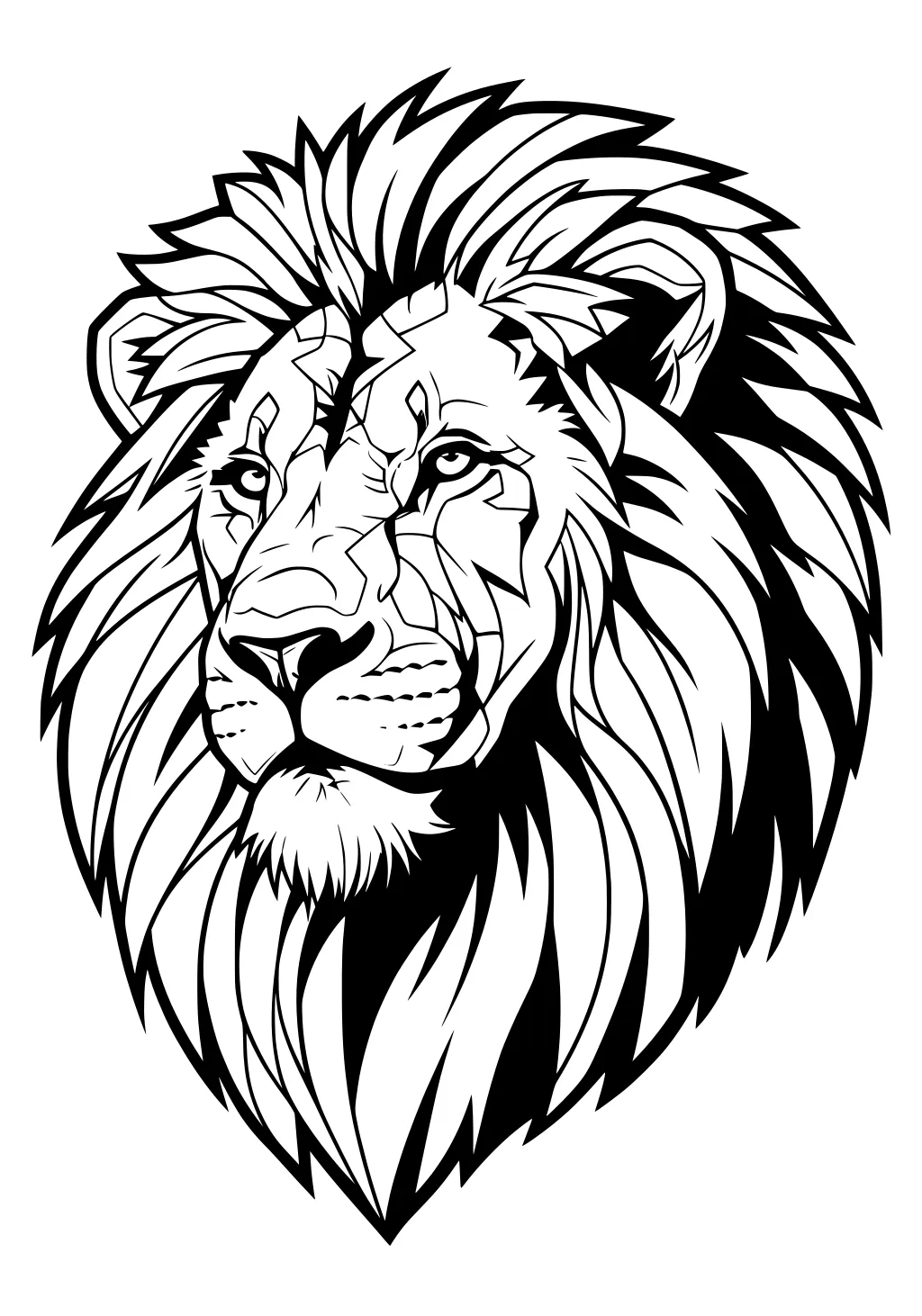 Black and white outline of a lion's head with a detailed, flowing mane and focused eyes.