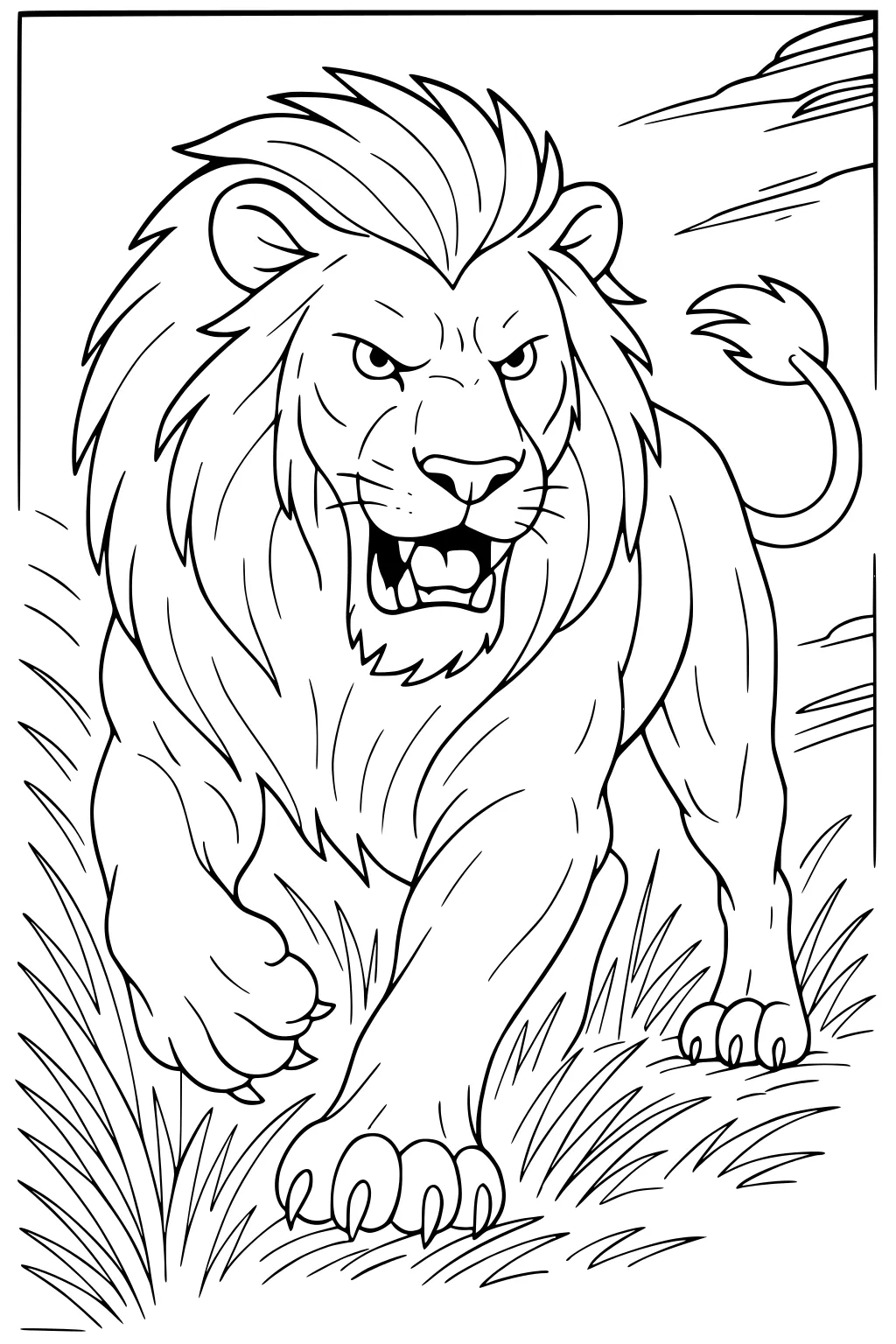 Male lion with open mouth and large mane walking in tall grass with rocks behind.