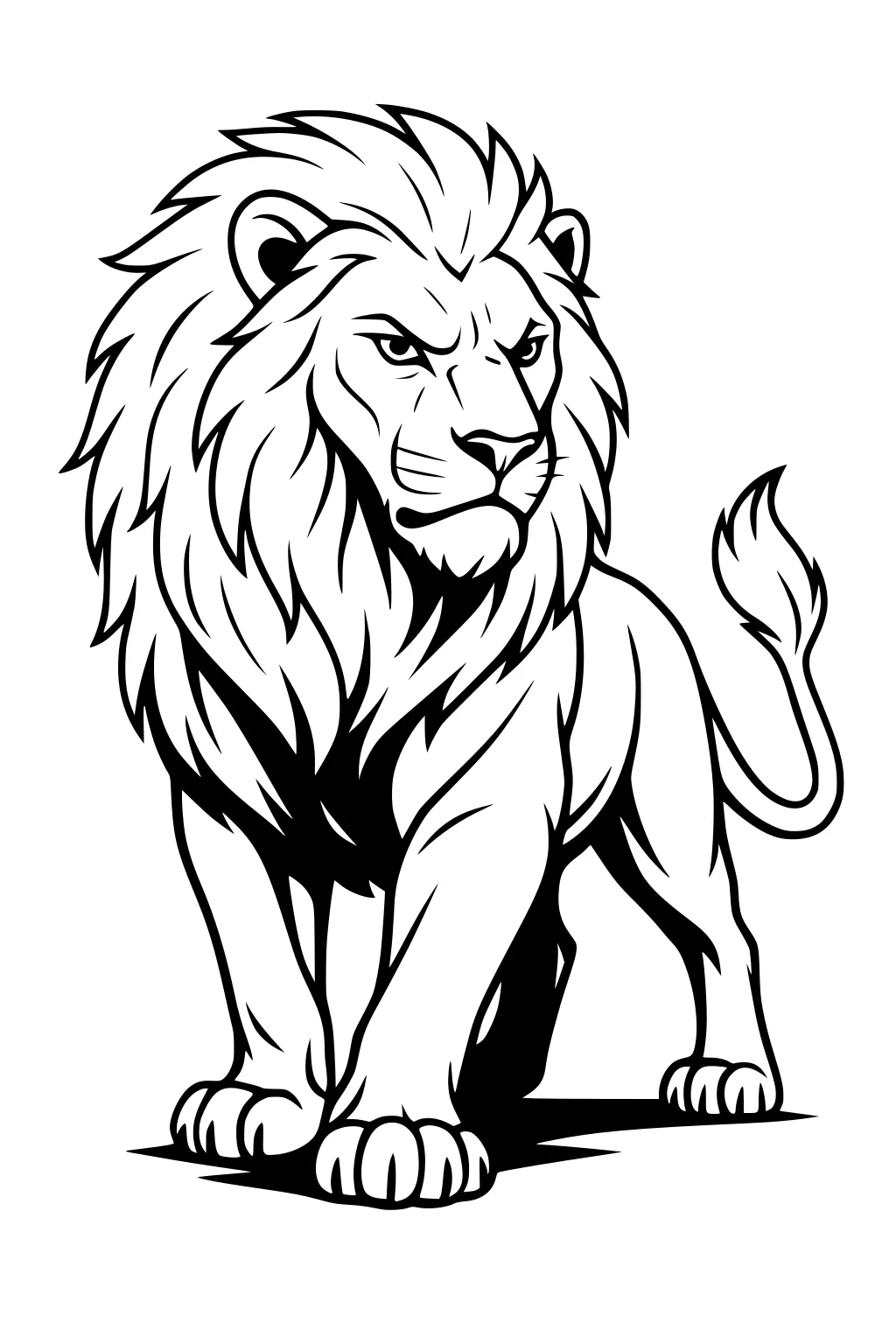 Lion standing with thick mane, serious face, tail curled behind, and strong paws on the ground.