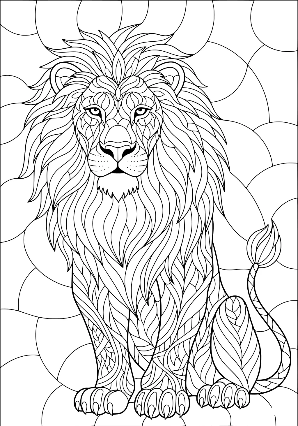 Lion with an intricate wavy mane and leafy fur pattern, sitting with front paws showing, surrounded by abstract round shapes.