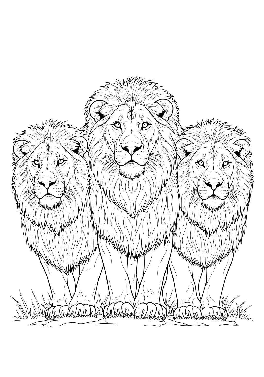 Three male lions with large manes stand close together on grass, all looking straight ahead.