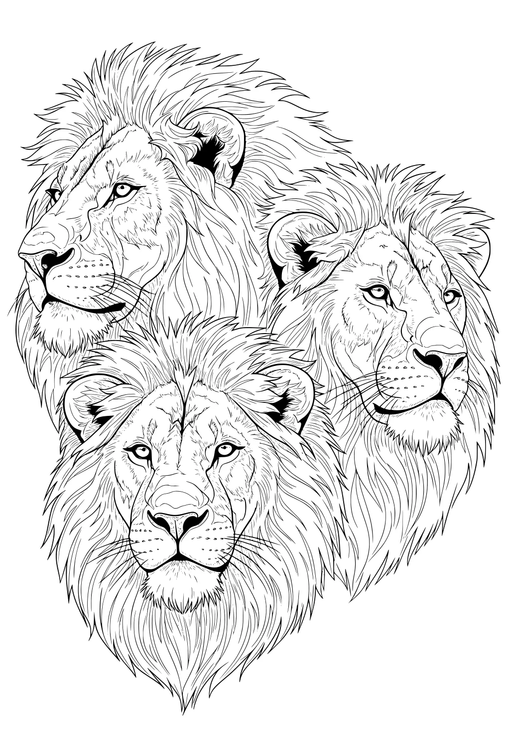 Three lions with thick, detailed manes and expressive eyes, grouped closely together, drawn in fine black outlines.