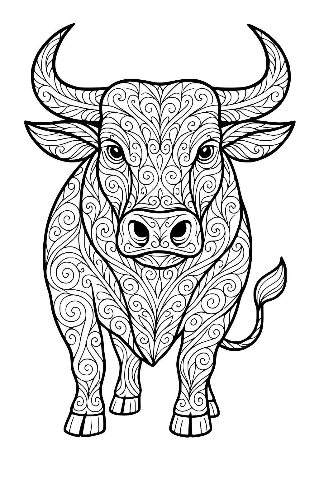 Intricate outline drawing of a bull with large curved horns and swirling, leafy designs on its body.