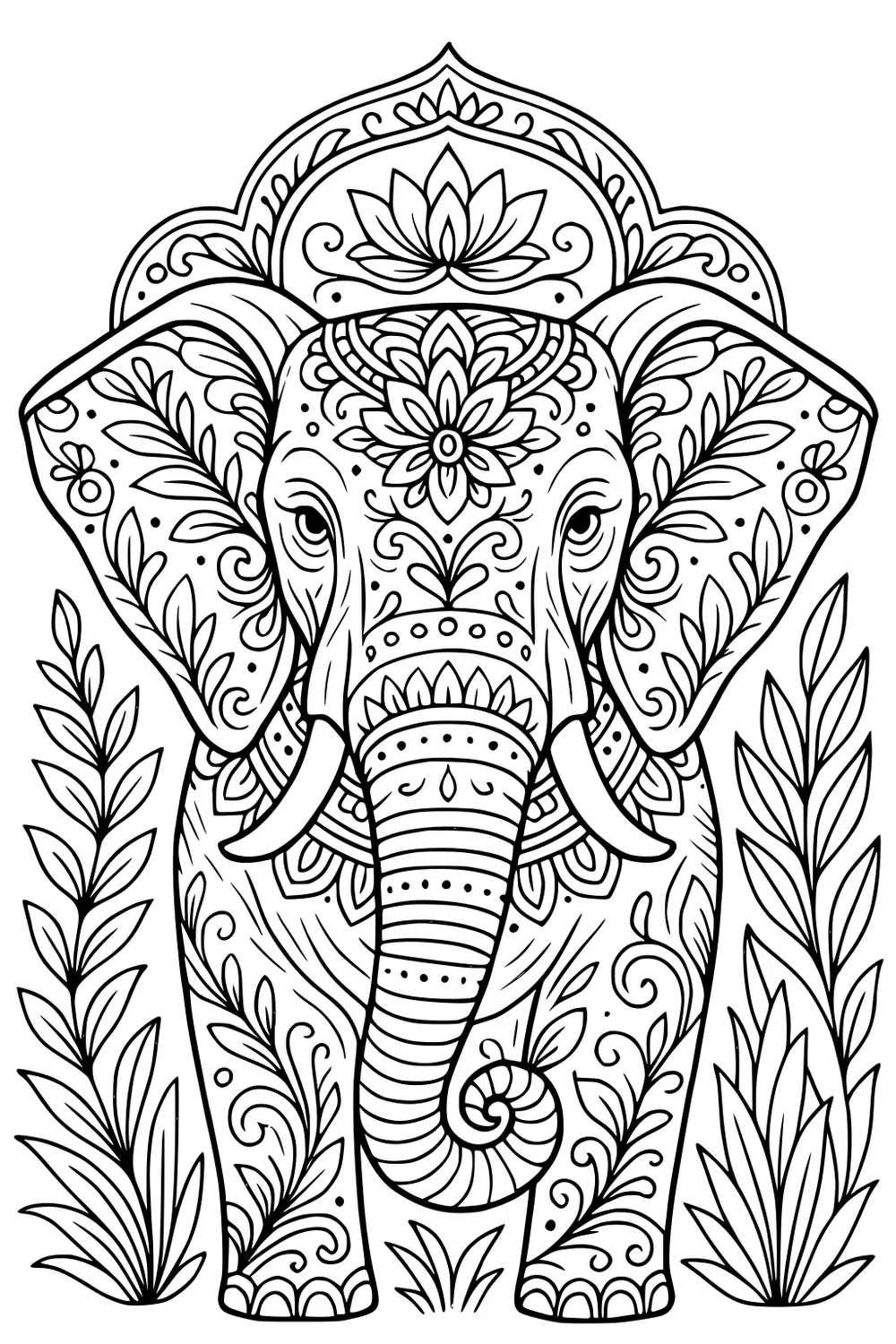 Front view of decorative elephant with floral patterns and leafy plants on both sides.