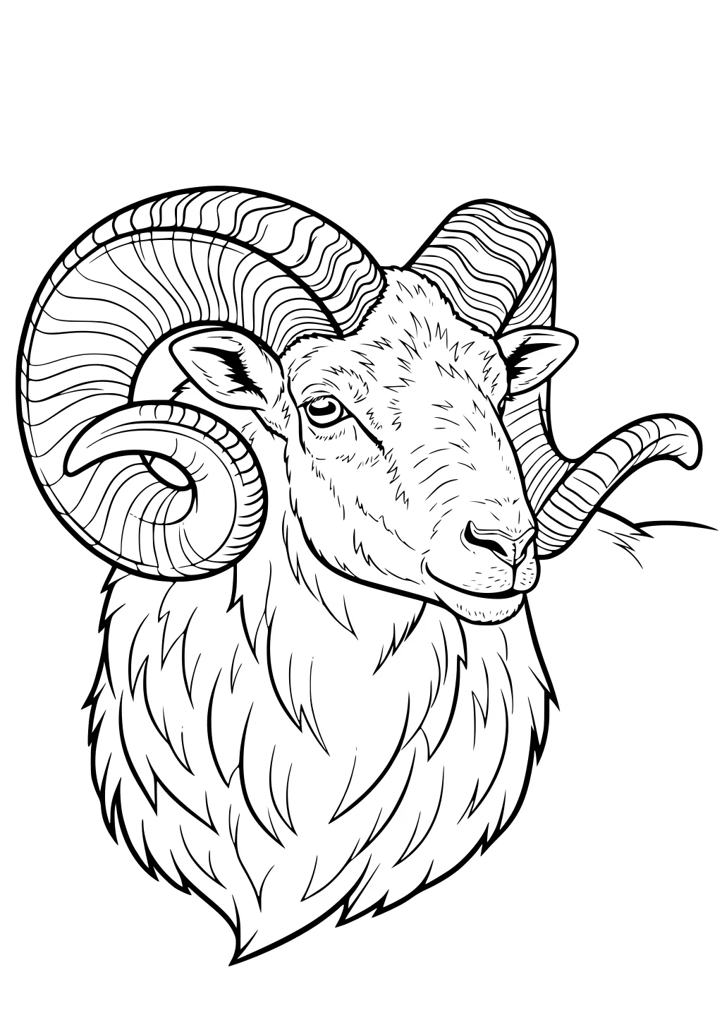 Large ram's head with spiral horns and fluffy fur, drawn in bold lines for kids to color.