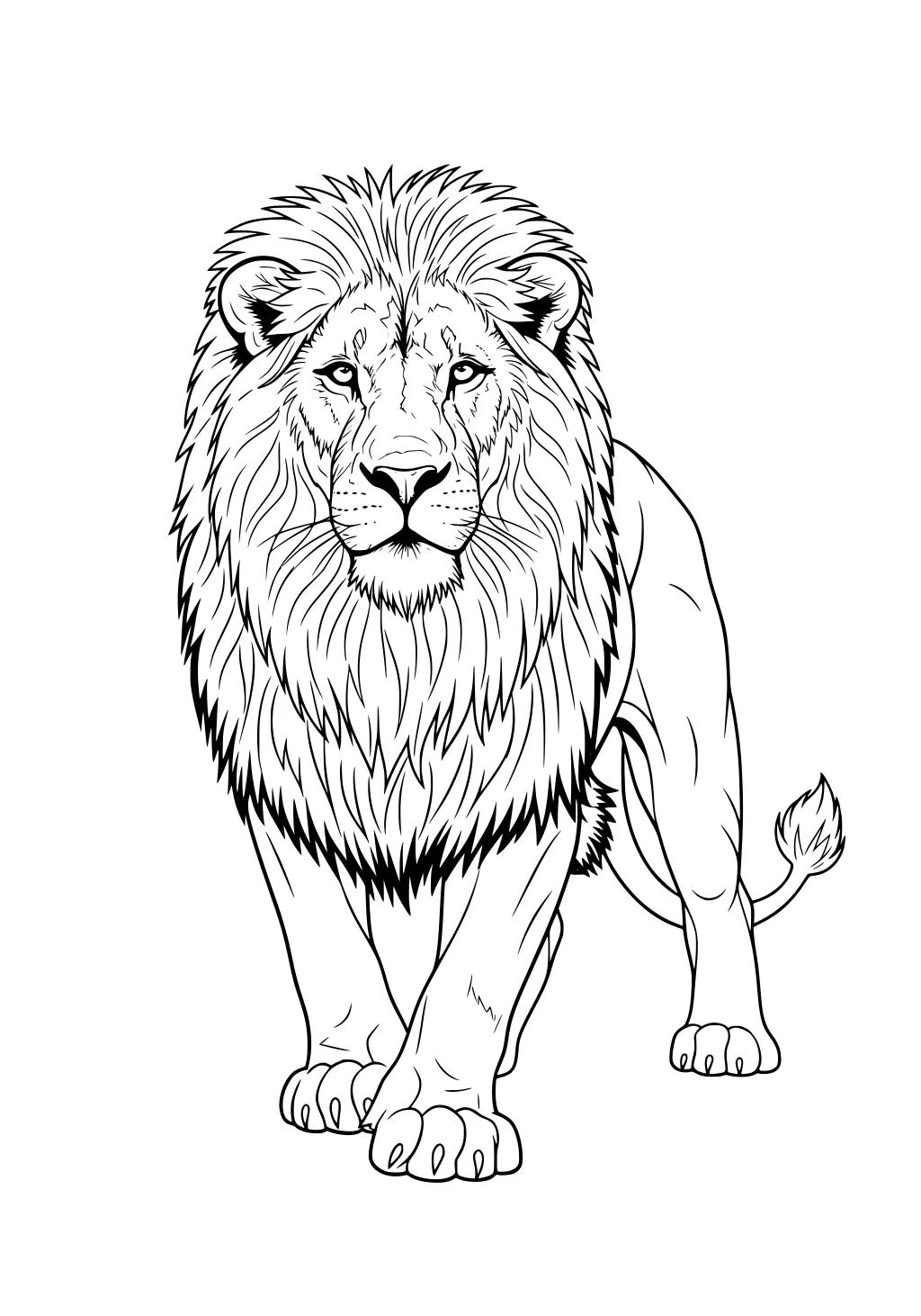 Front-view lion with detailed mane and soft eyes, standing with all four paws visible and tail curved behind.