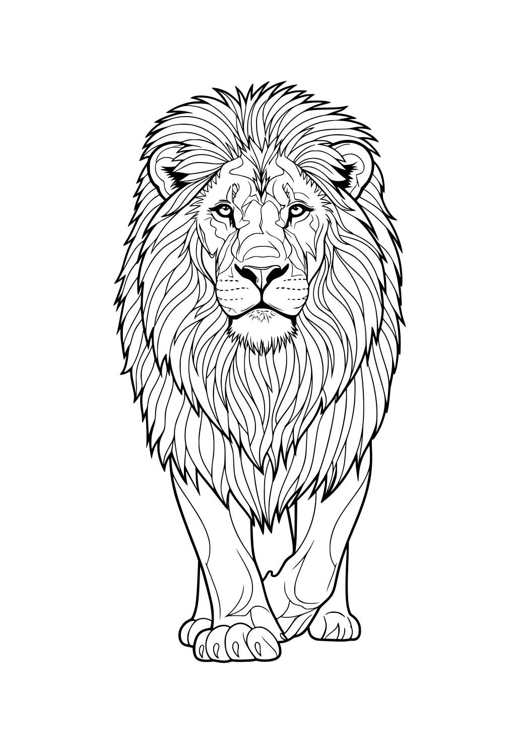 Detailed lion with a full mane, facing forward, standing with front paws visible and expressive facial features.