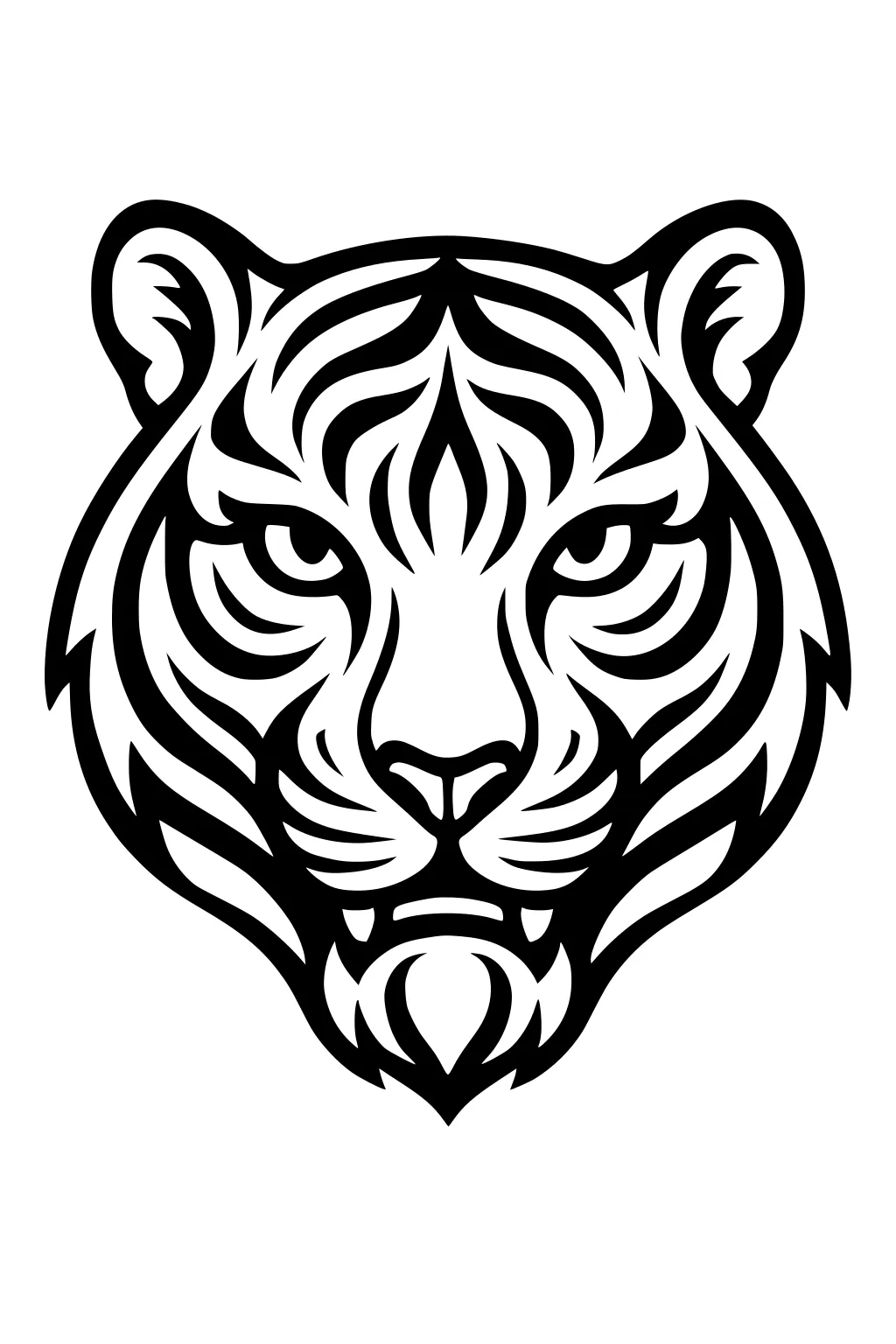 Tiger head with bold black stripes and round ears facing forward on white background.