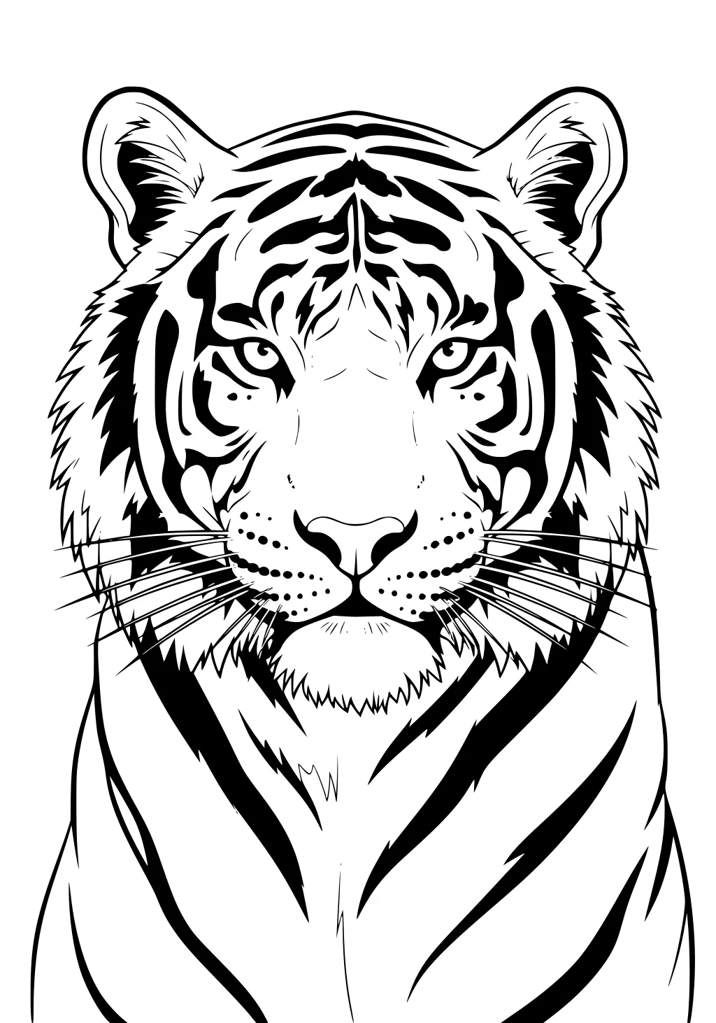 Detailed tiger face with bold stripes, long whiskers, large round ears, and a steady forward gaze on white background.