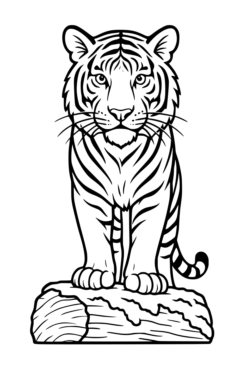 Tiger with stripes standing on a log, facing straight ahead, showing full face, paws, and tail curled to one side.