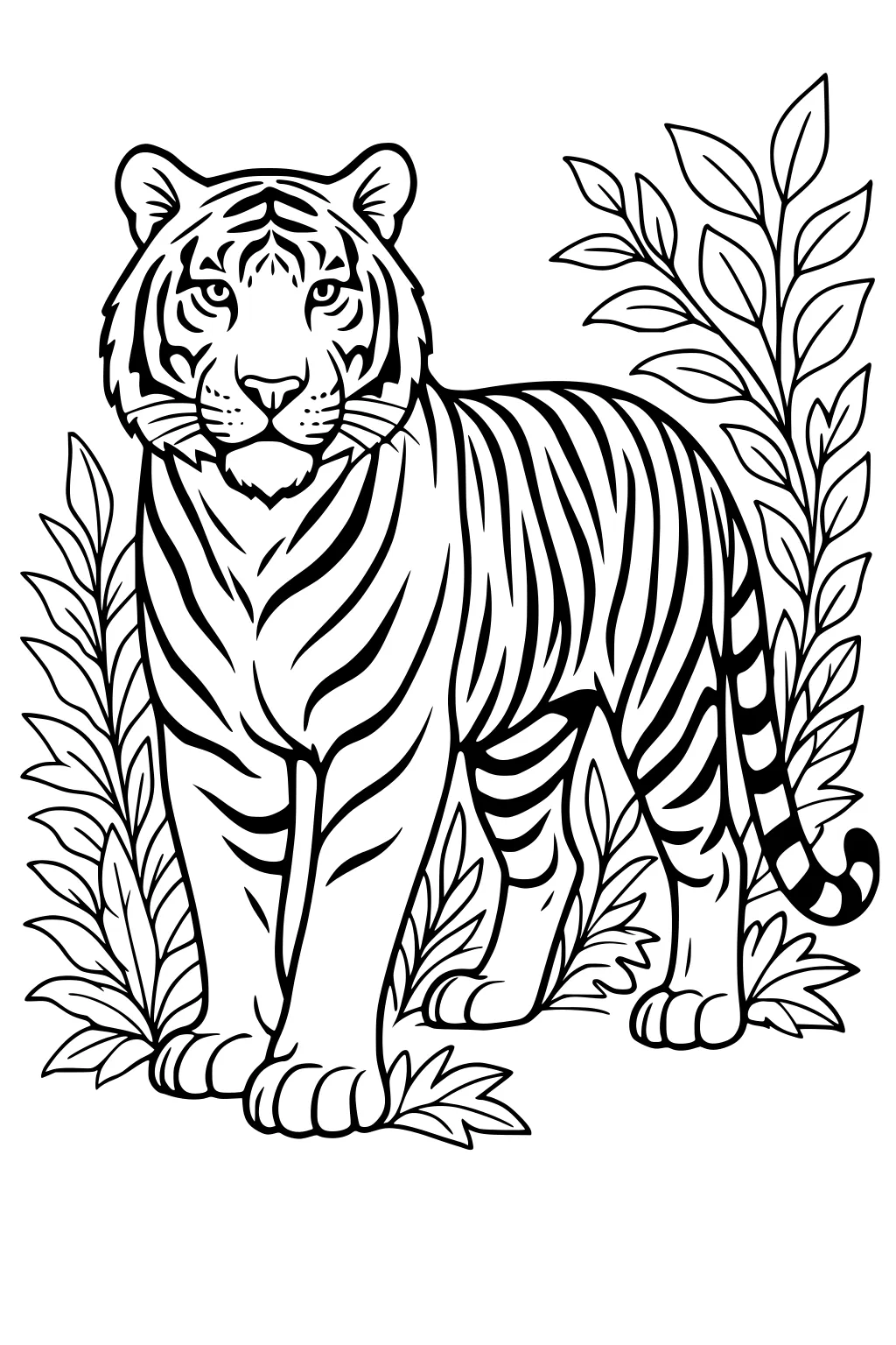 Tiger with bold stripes stands among leafy jungle plants, facing forward, with tail curled.