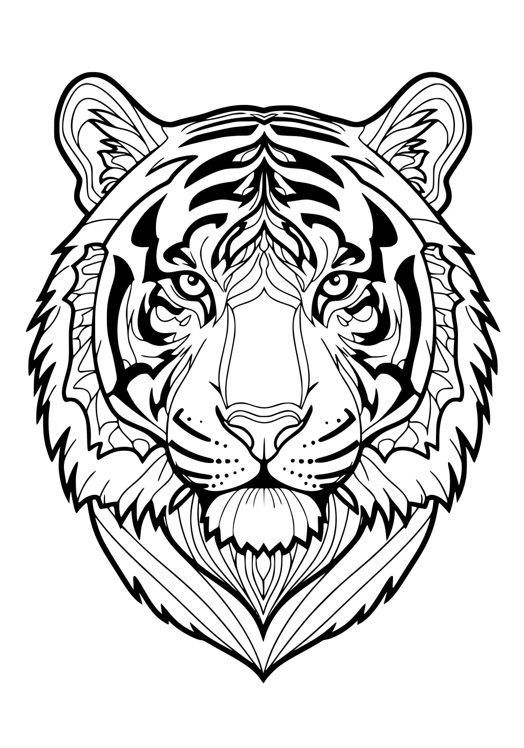 Tiger face with bold stripes, symmetrical patterns, and furry cheeks in a black and white outline drawing.