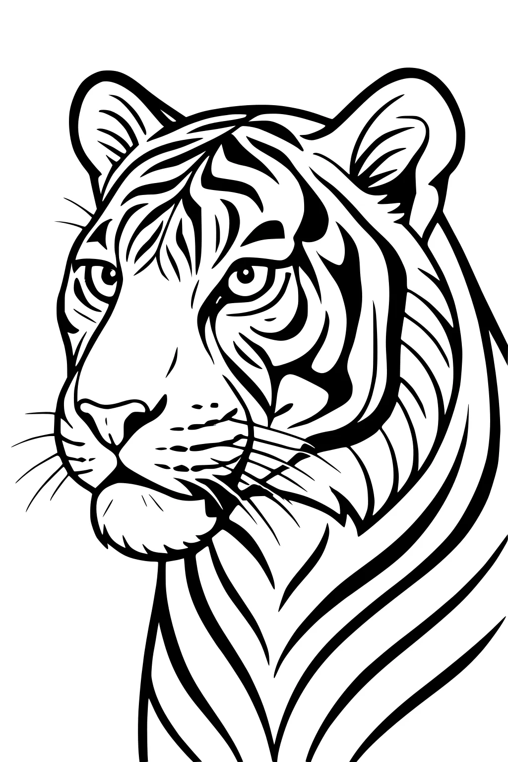 Outlined tiger head with bold black stripes, rounded ears, soft chin fur, and alert eyes facing forward.
