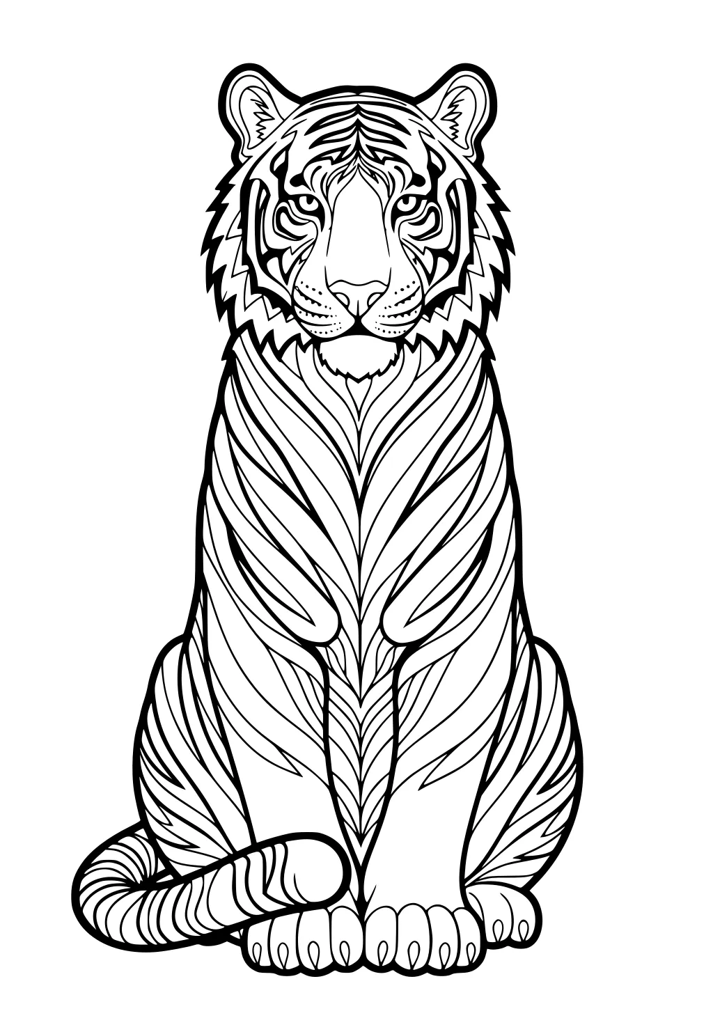 Sitting tiger with patterned stripes, round ears, forward-facing eyes, curled tail, and large paws.