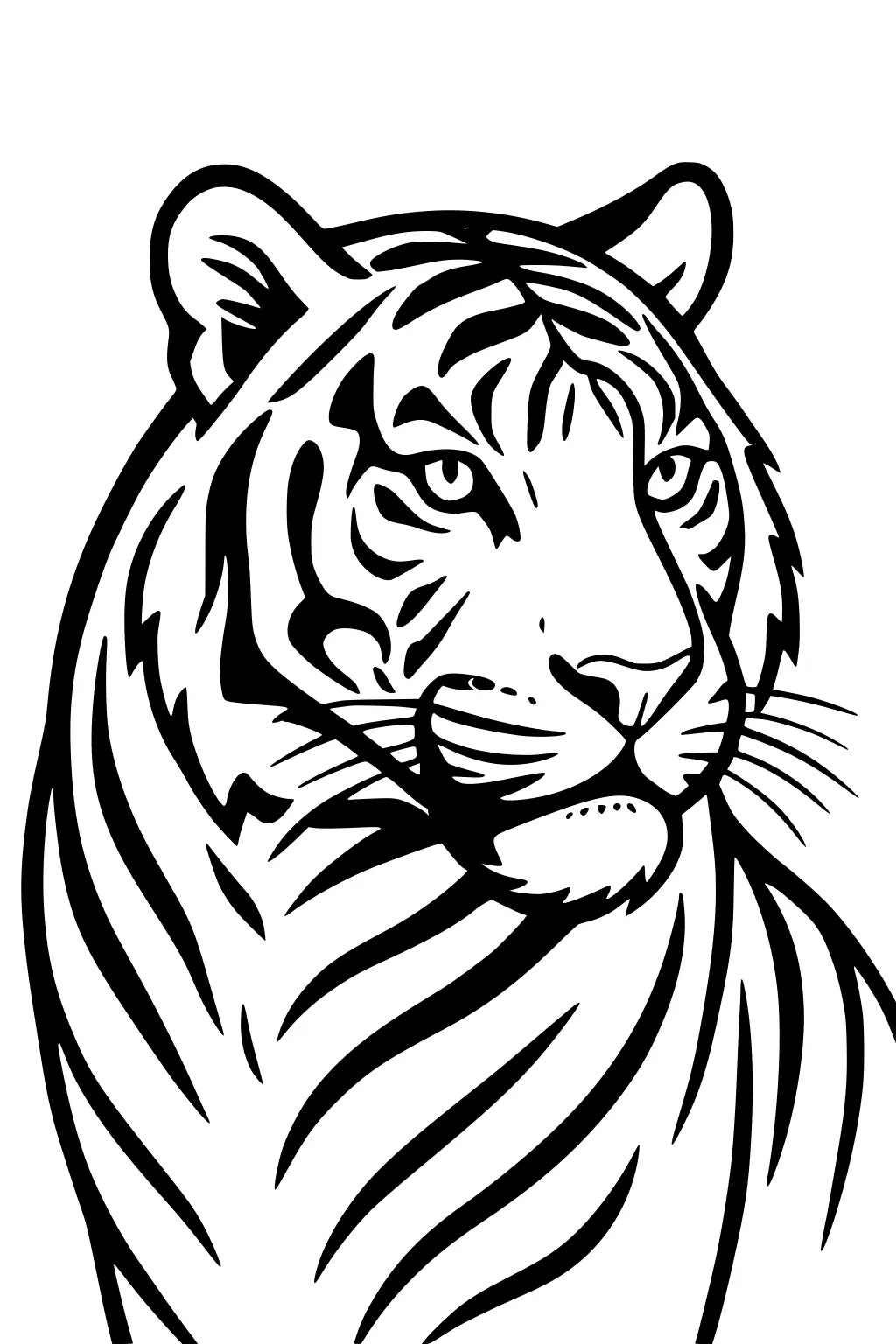 Tiger head with detailed stripes and bold lines, facing forward, ears up, whiskers showing, no background