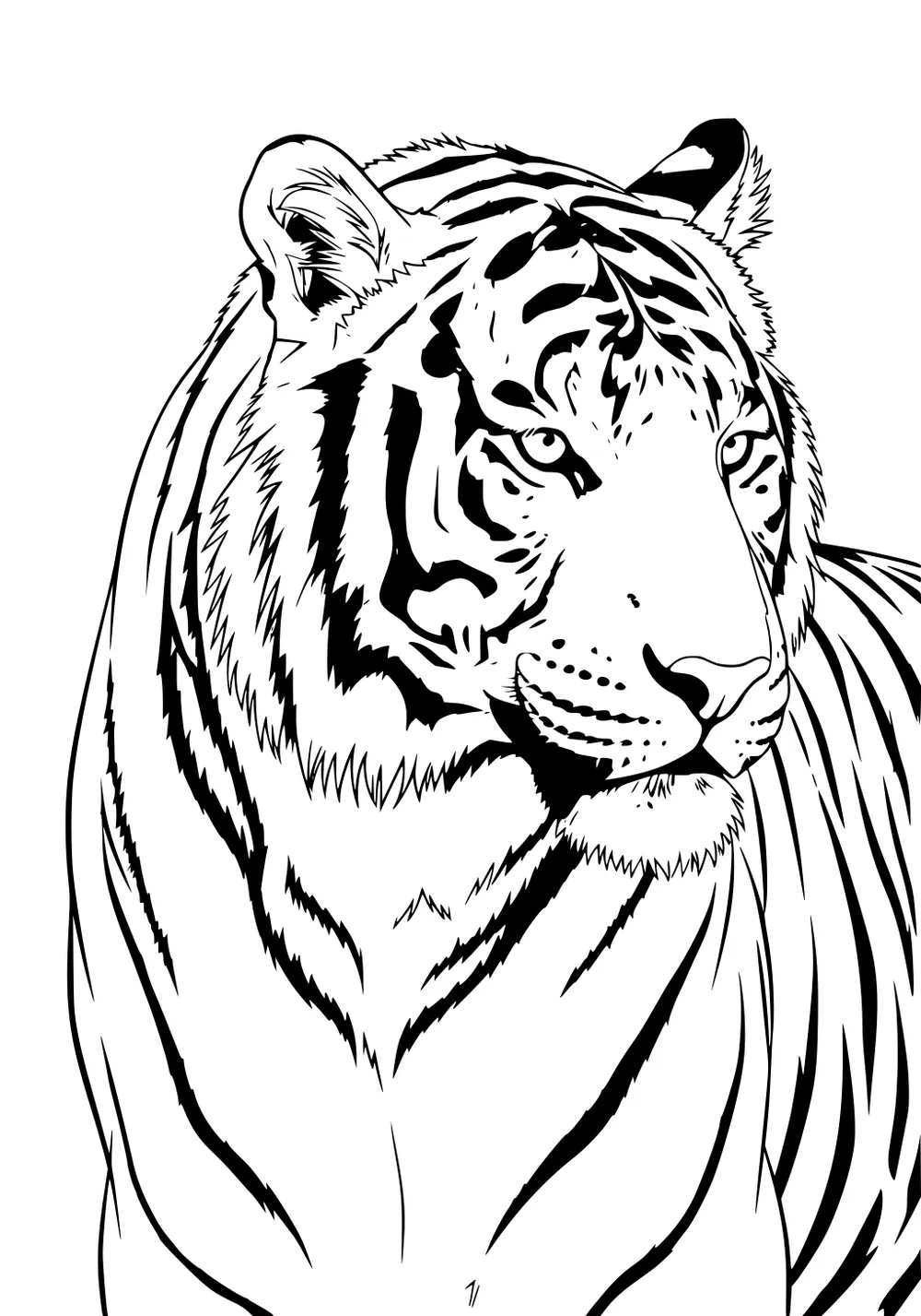 Tiger with bold black stripes, alert eyes, and upright ears, facing forward and showing upper body in line art style.