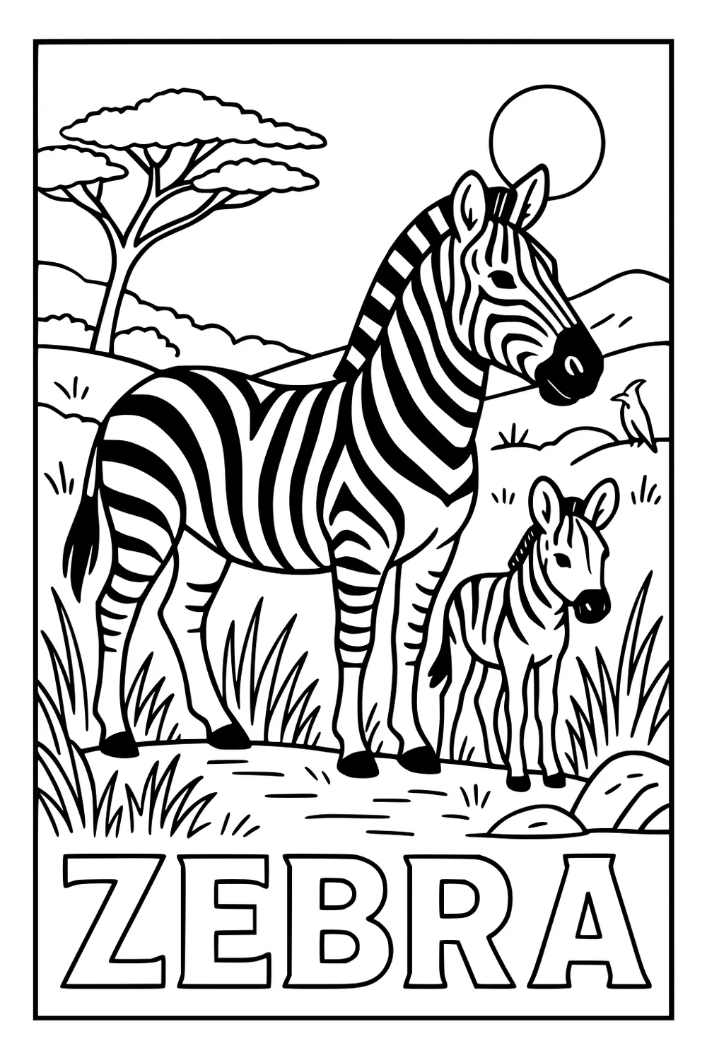 Adult zebra with foal on savanna, acacia tree, sun, hills, rocks, bird, and large ZEBRA title in bold outline.