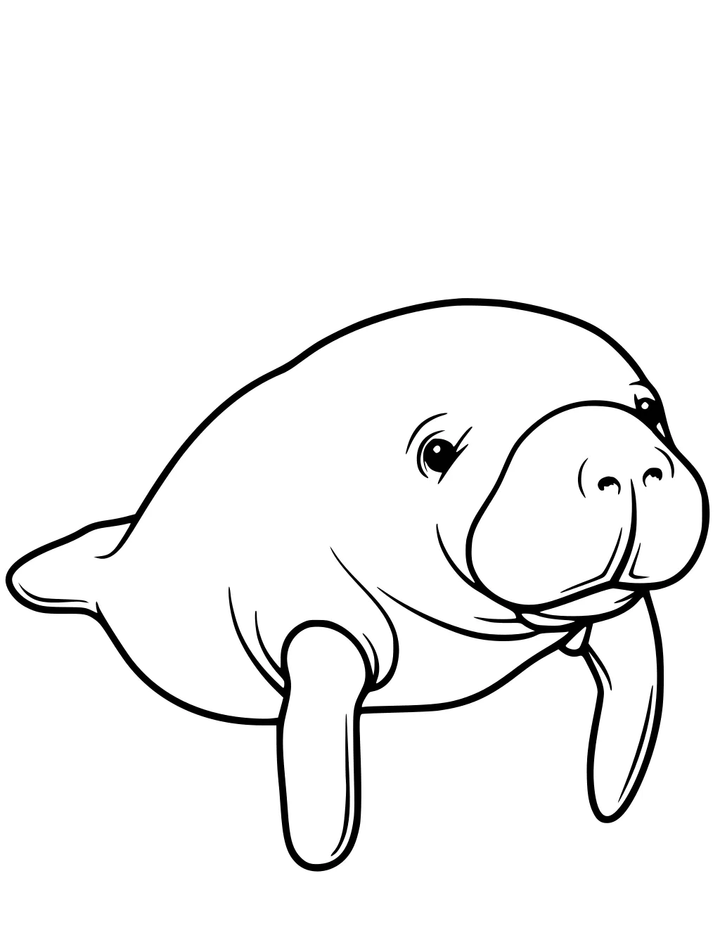 Cartoon manatee with round body and flippers, simple outline, facing forward.