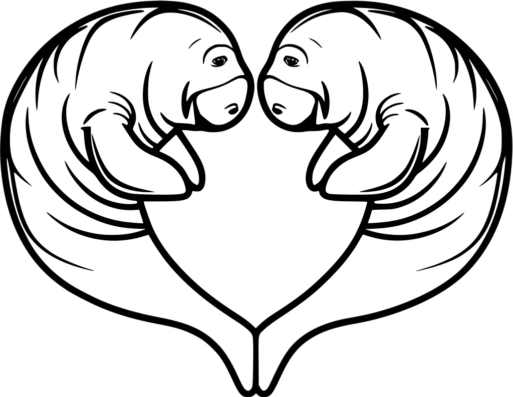 Two manatees face each other, curving their bodies and tails to form a heart shape.