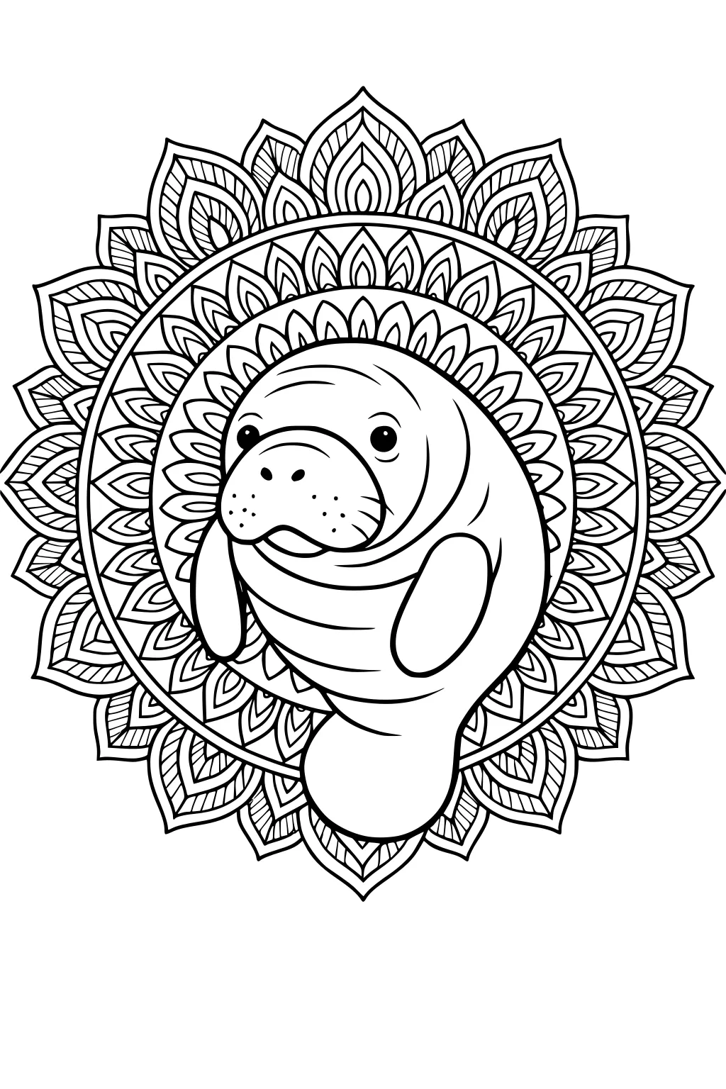 Cartoon manatee with flippers and round nose in the middle of a decorative mandala pattern with leaves and petals.