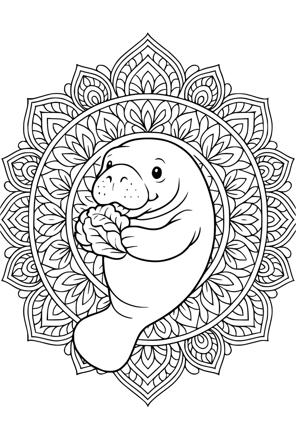 Manatee holding lettuce in front of a patterned mandala with many petals and detailed lines.