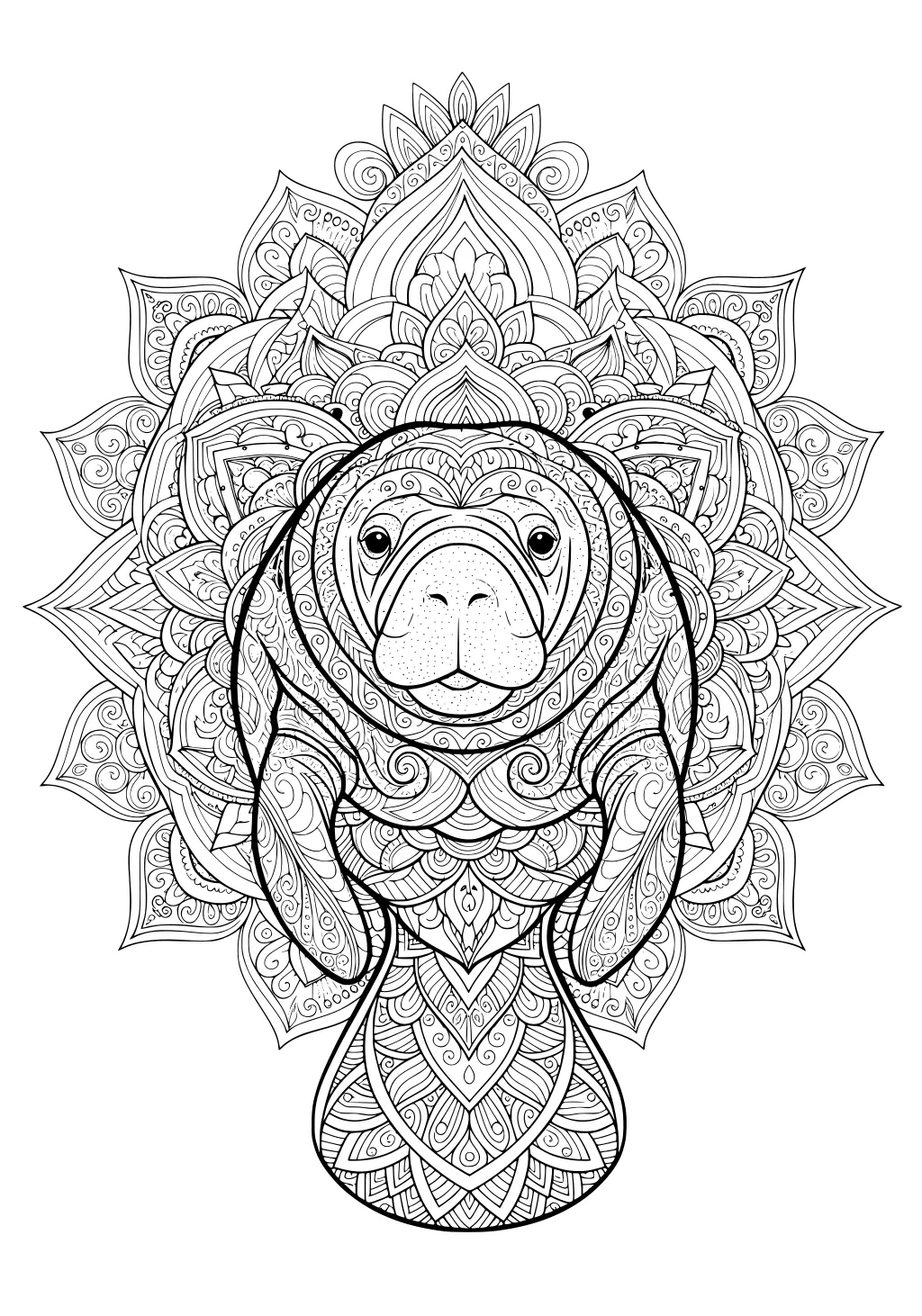 Manatee with detailed swirly patterns and intricate floral mandala background