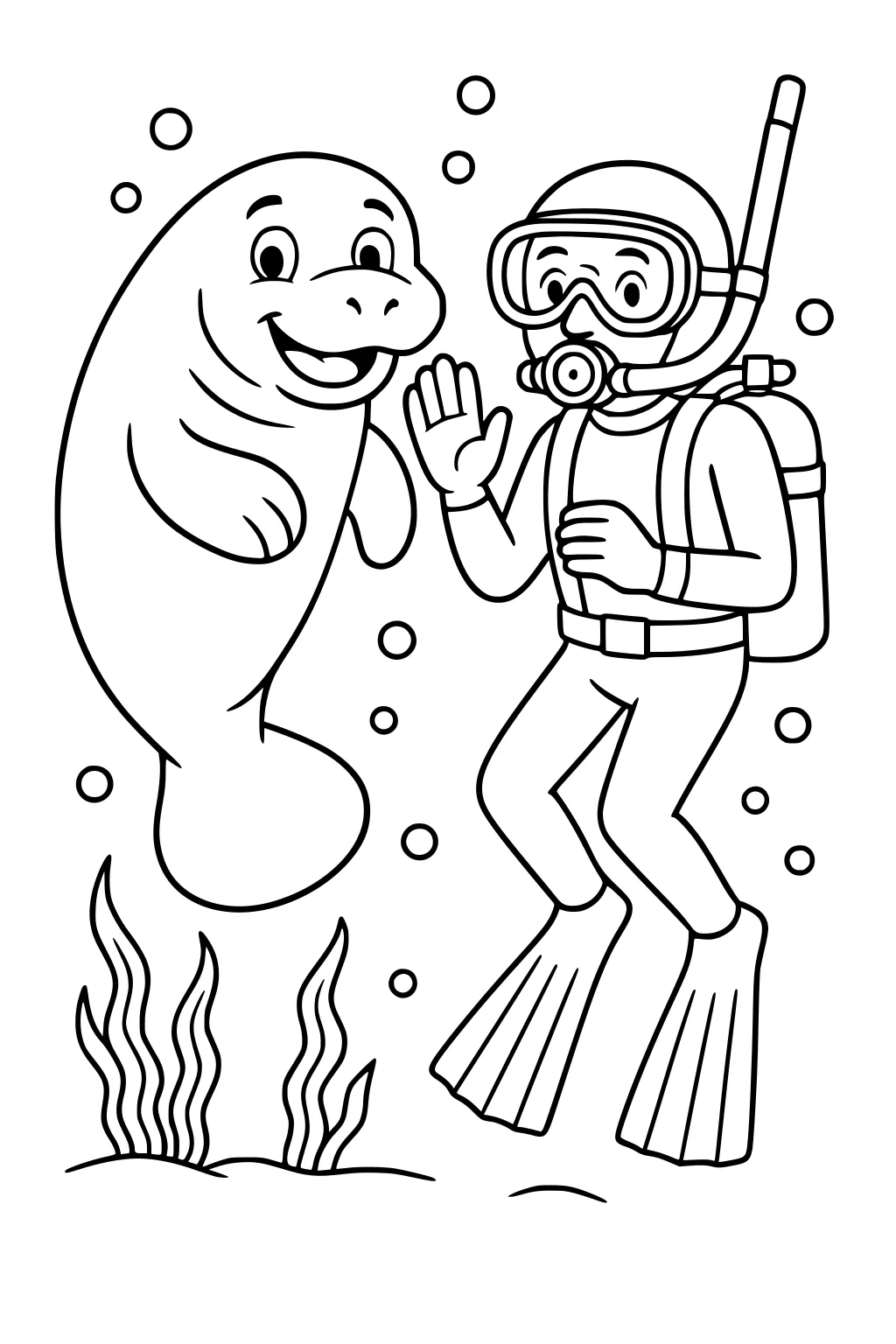 Manatee and boy diver underwater with bubbles and seaweed, diver waving and both smiling.