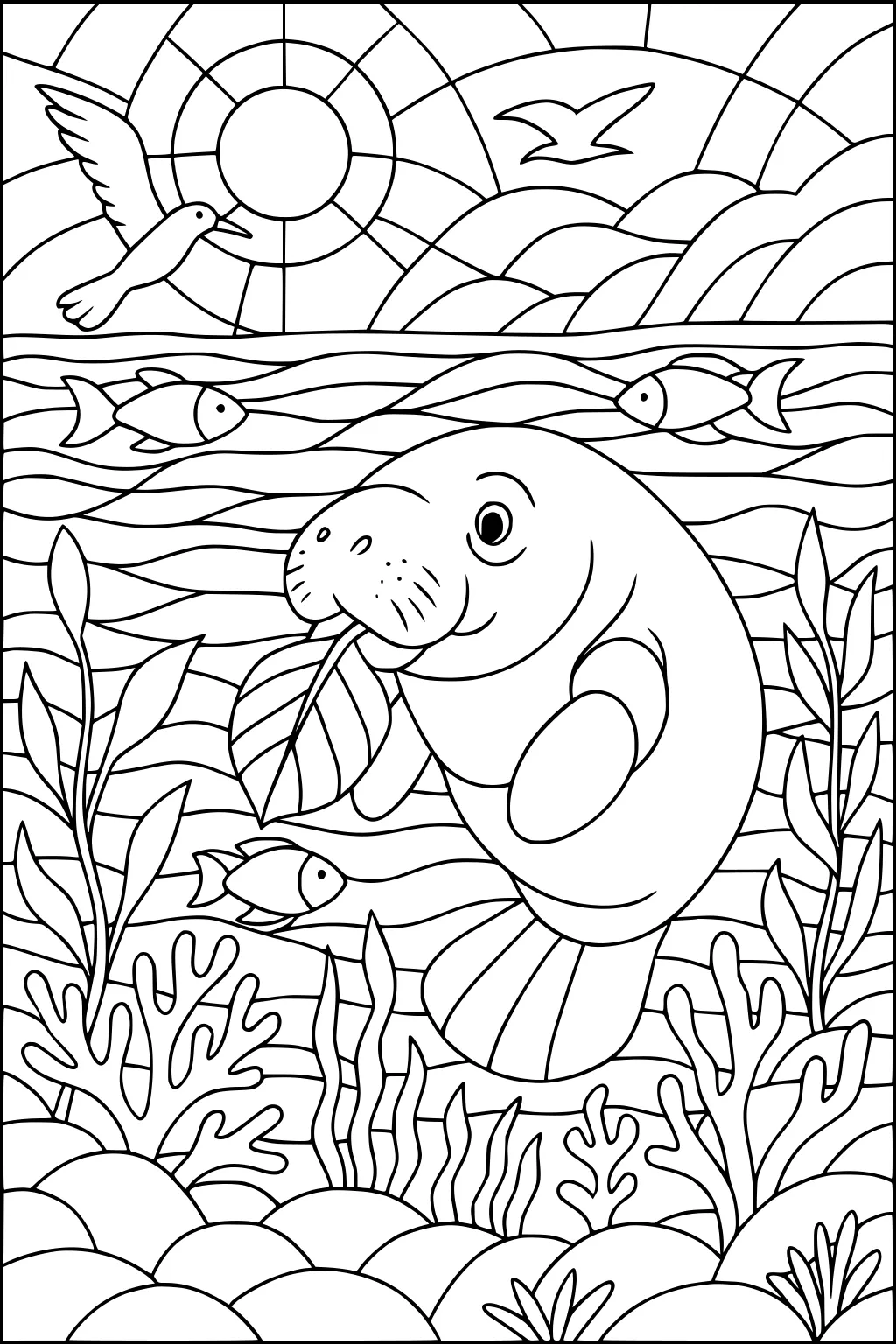 Manatee eats a leaf underwater with fish, seaweed, coral, and a bird above the waves under a bright sun.