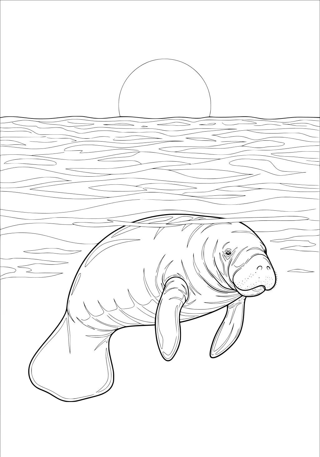 Manatee floating in water with sun setting on the horizon.