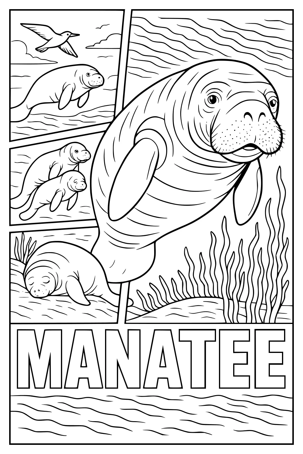Manatee swims in the river with three side panels showing manatees, a bird, and underwater plants.