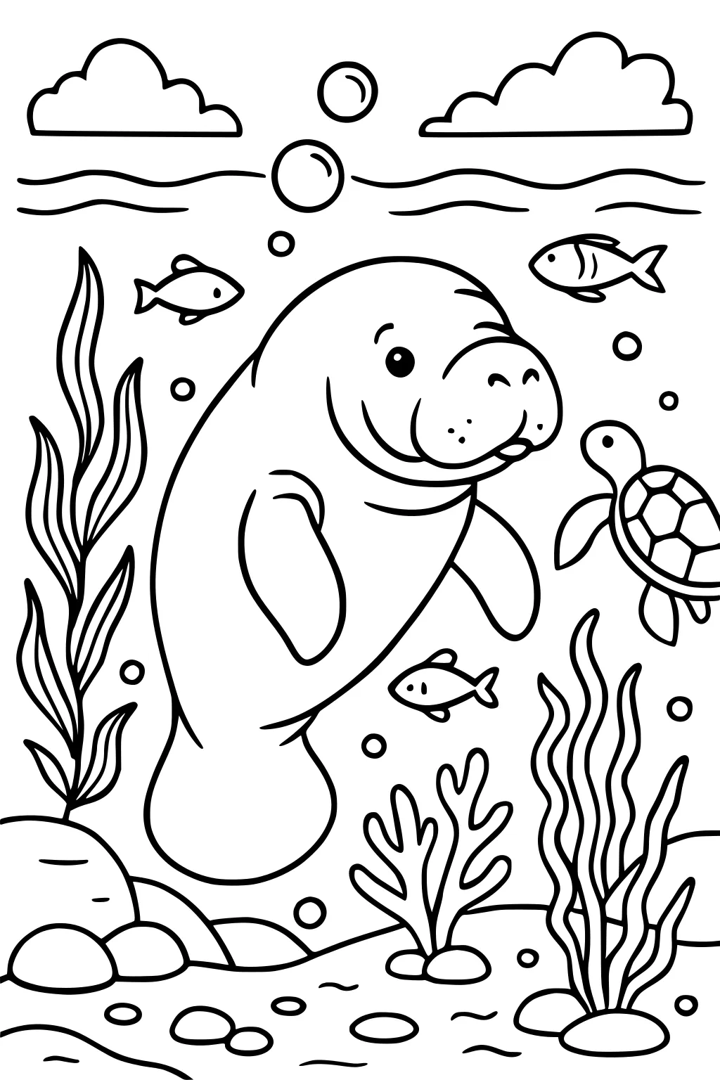 Manatee swimming underwater with seaweed, three fish, a turtle, rocks on the bottom, bubbles, and clouds above the water.